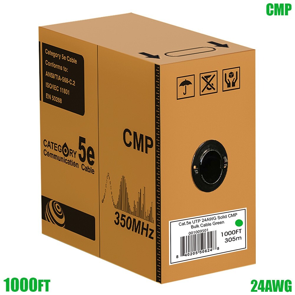 1000FT Cat5e Network Ethernet UTP Bulk Cable Solid Wire CMP Plenum 24AWG Green