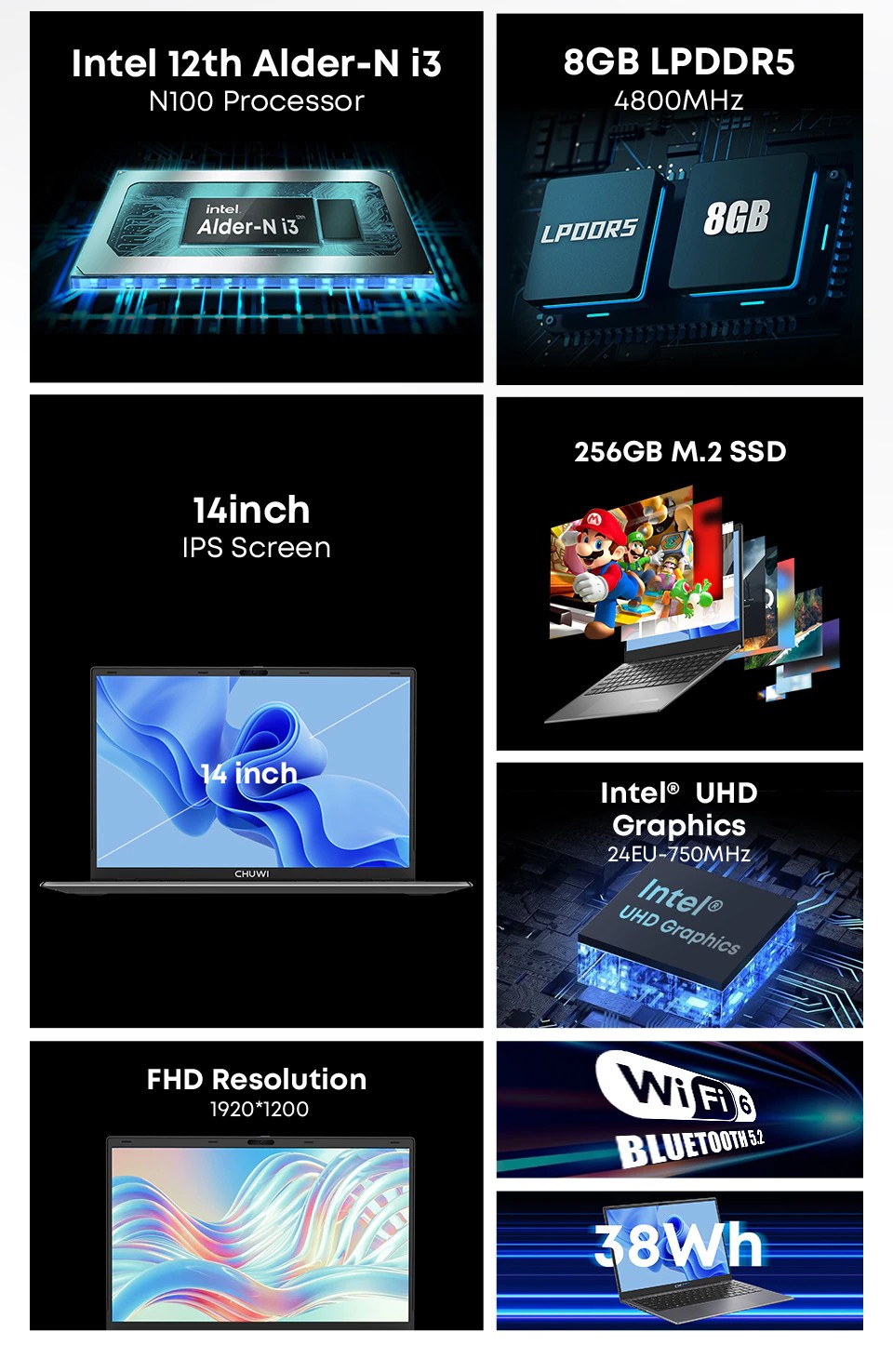 CHUWI 14.1in GemiBook XPro Laptop Intel N100 Quad-Core 3.4GHz 256G SSD Windows11
