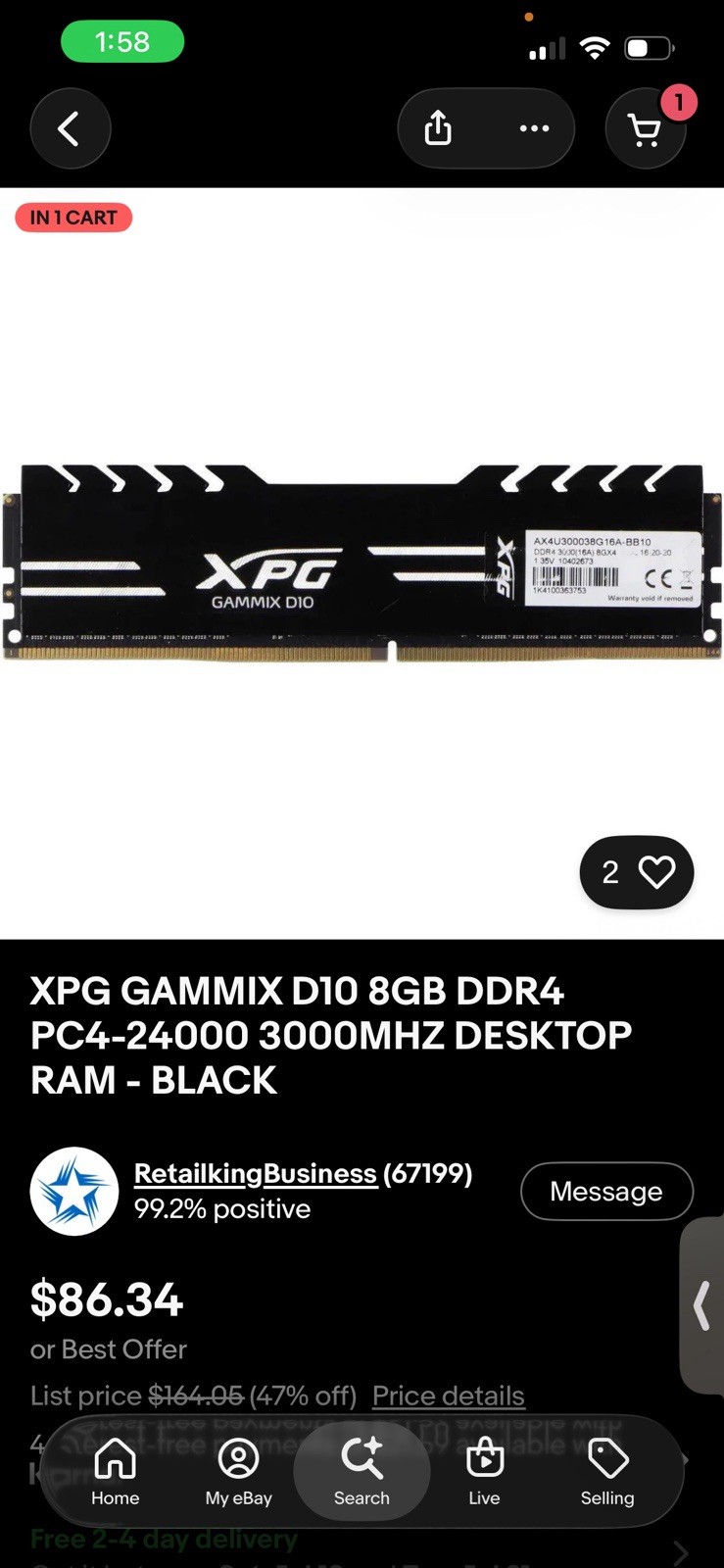 XPG GAMMIX D10 16GB (2x8GB) DDR4-3000 PC4-24000 288-Pin DIMM
