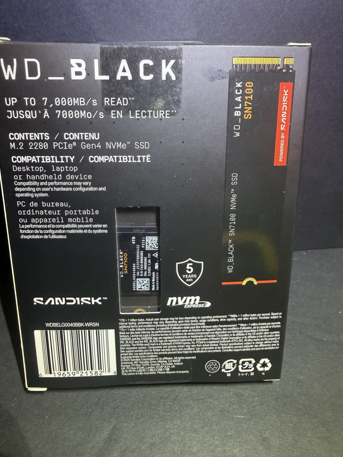 WDS400T4X0E WD_Black SN7100 4TB NVMe PCIe Gen4 M.2 2280 Internal Gaming SSD NEW
