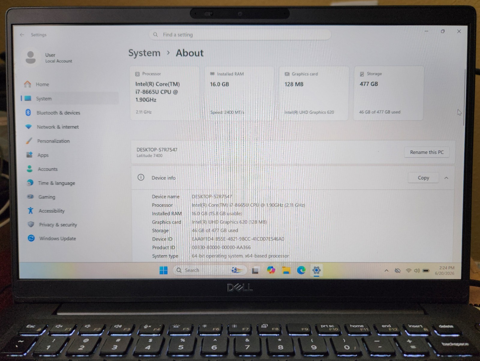 Dell Latitude 7400 14″ Intel i7-8665U 1.9GHz 16GB RAM/512GB SSD/Windows 11