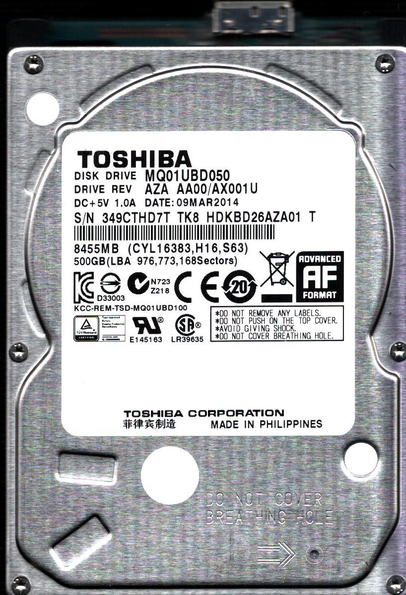 MQ01UBD050 HDKBD26AZA01 T REV AZA AA00/AX001U 500GB MAR 2014 PHILIPPINES TOSHIBA