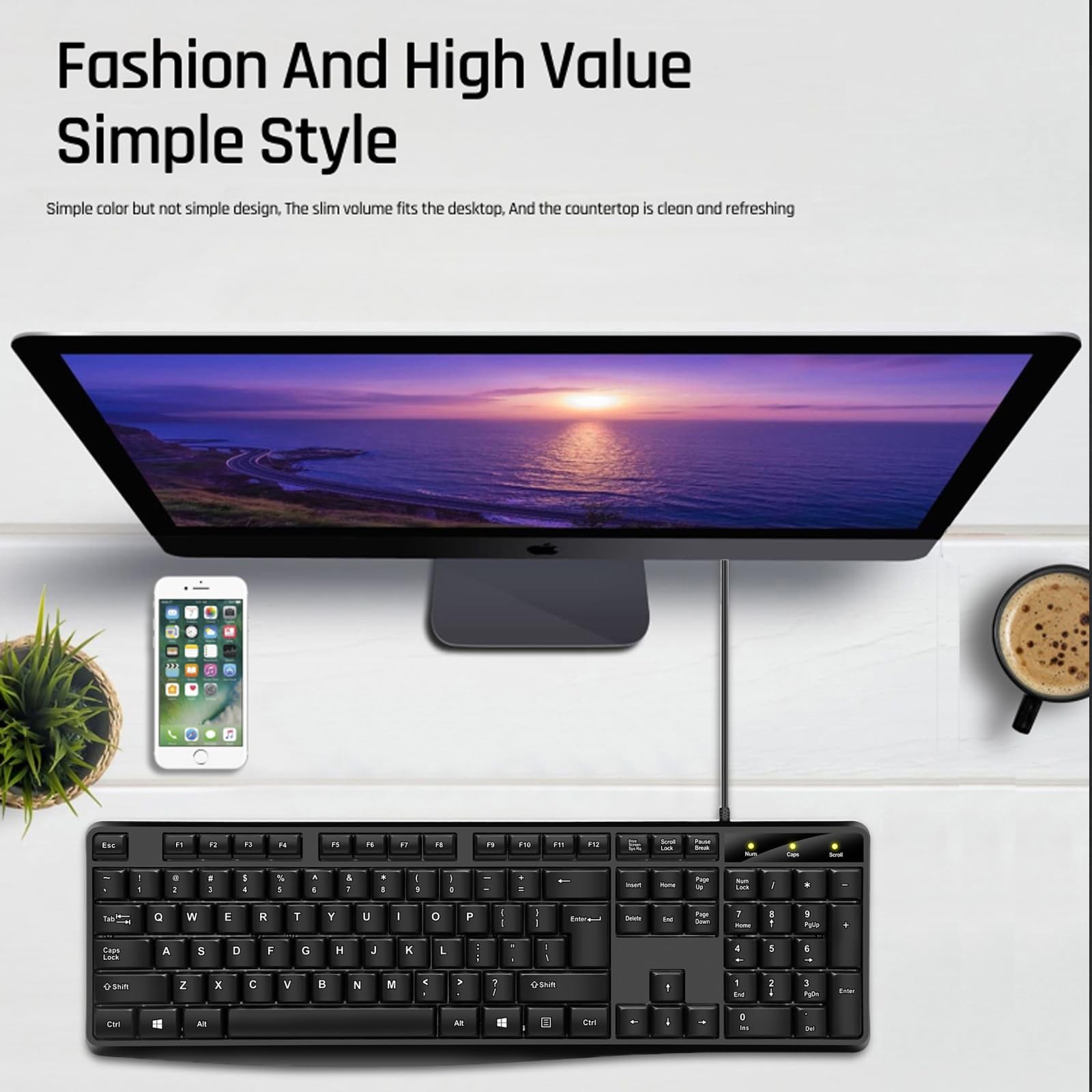 Wired Computer Keyboard USB Large Number Pad Ergonomic Full Size Black