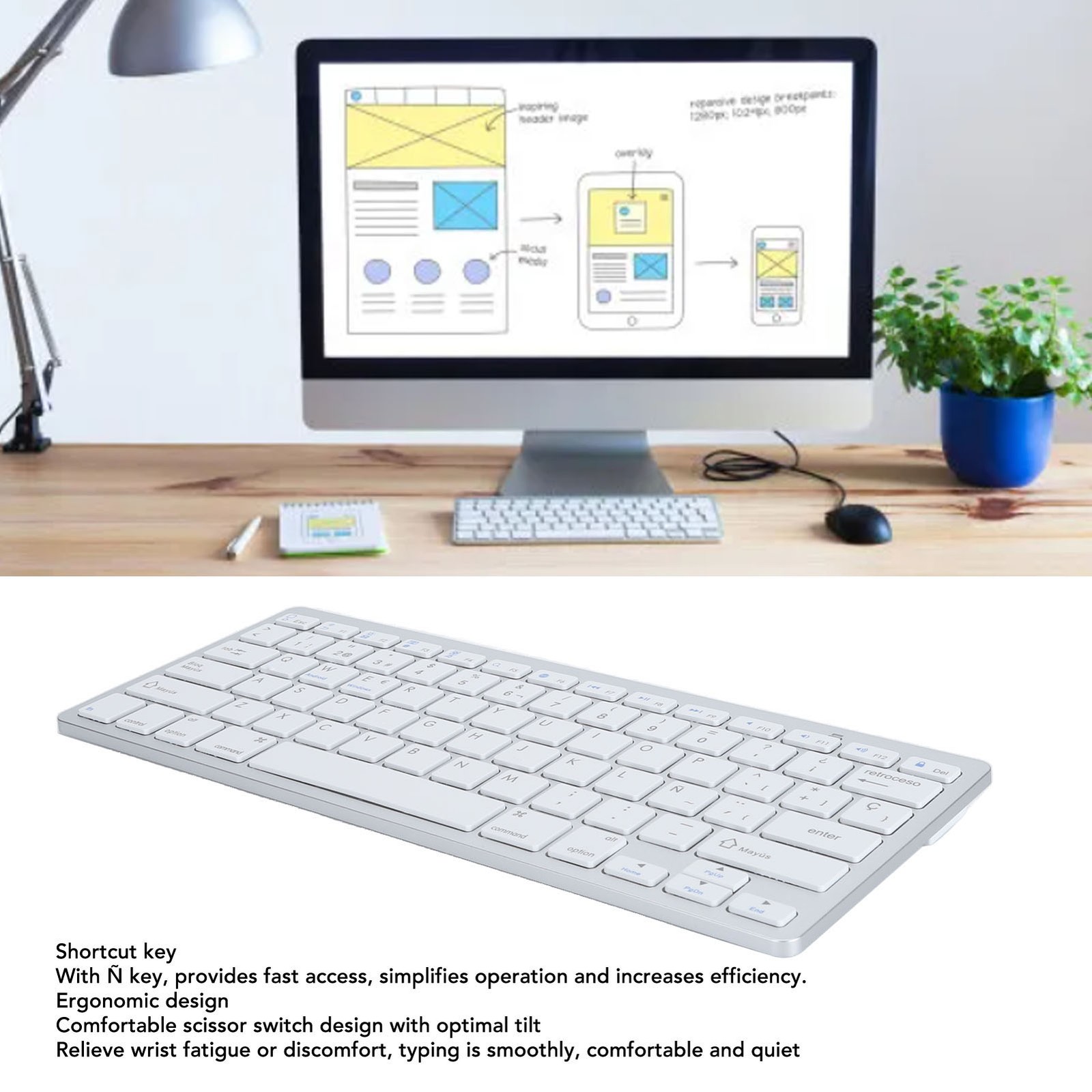 78 Keys Spanish Wireless Bluetooth Keyboard Thin Lightweight Silent Spanish HQQE