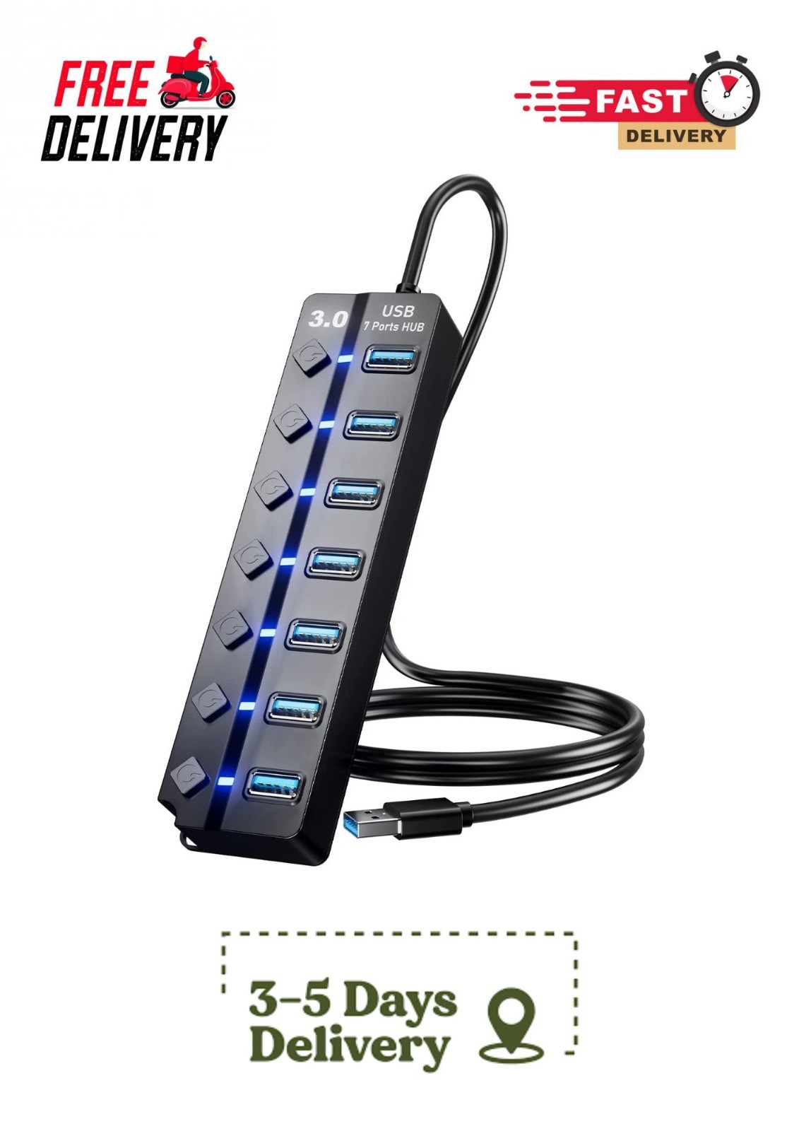 USB 3.0 Hub 7 Port PANPEO Splitter w/ LED Switch 3ft Cable PC Laptop PS