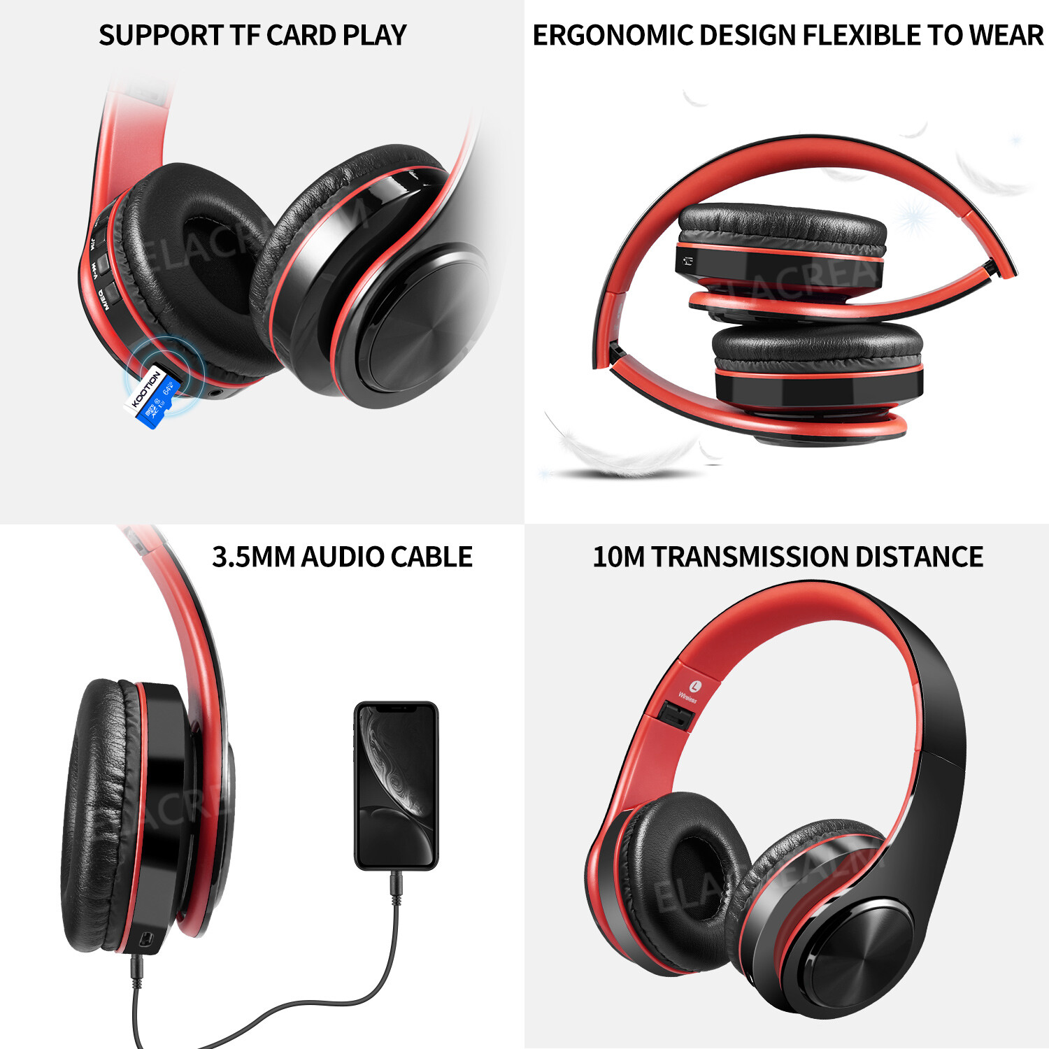 Red Wireless Hi-Fi Stereo Bluetooth Headphones Foldable Over Ear Headset PC TV