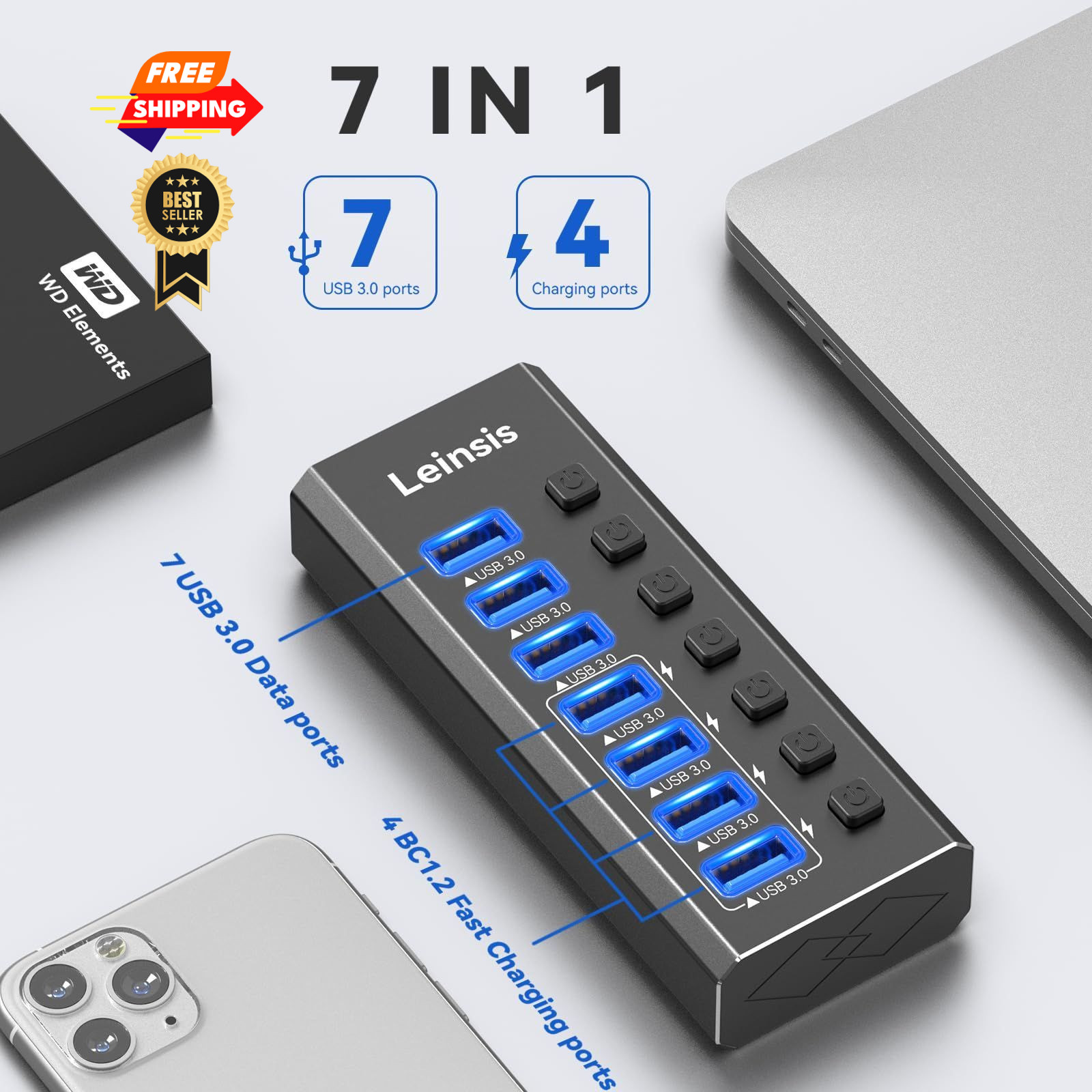 Powered USB Hub 3.0, Leinsis 7-Port 3.0 3.01, Metallic Black