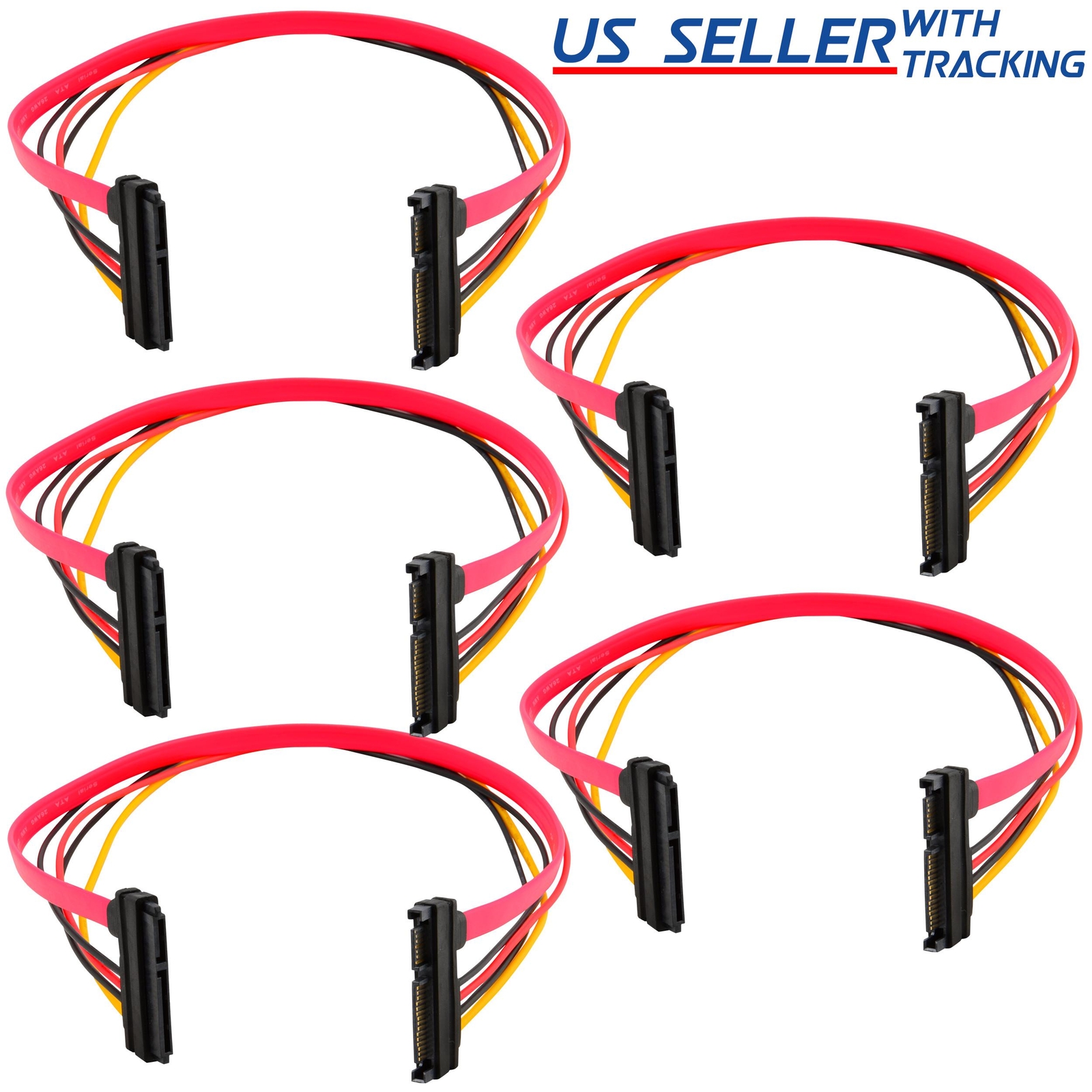 (5-pack) 15+7 Pin SATA HDD Extension Cable Data+Power Male to Female, 19″ / 50cm