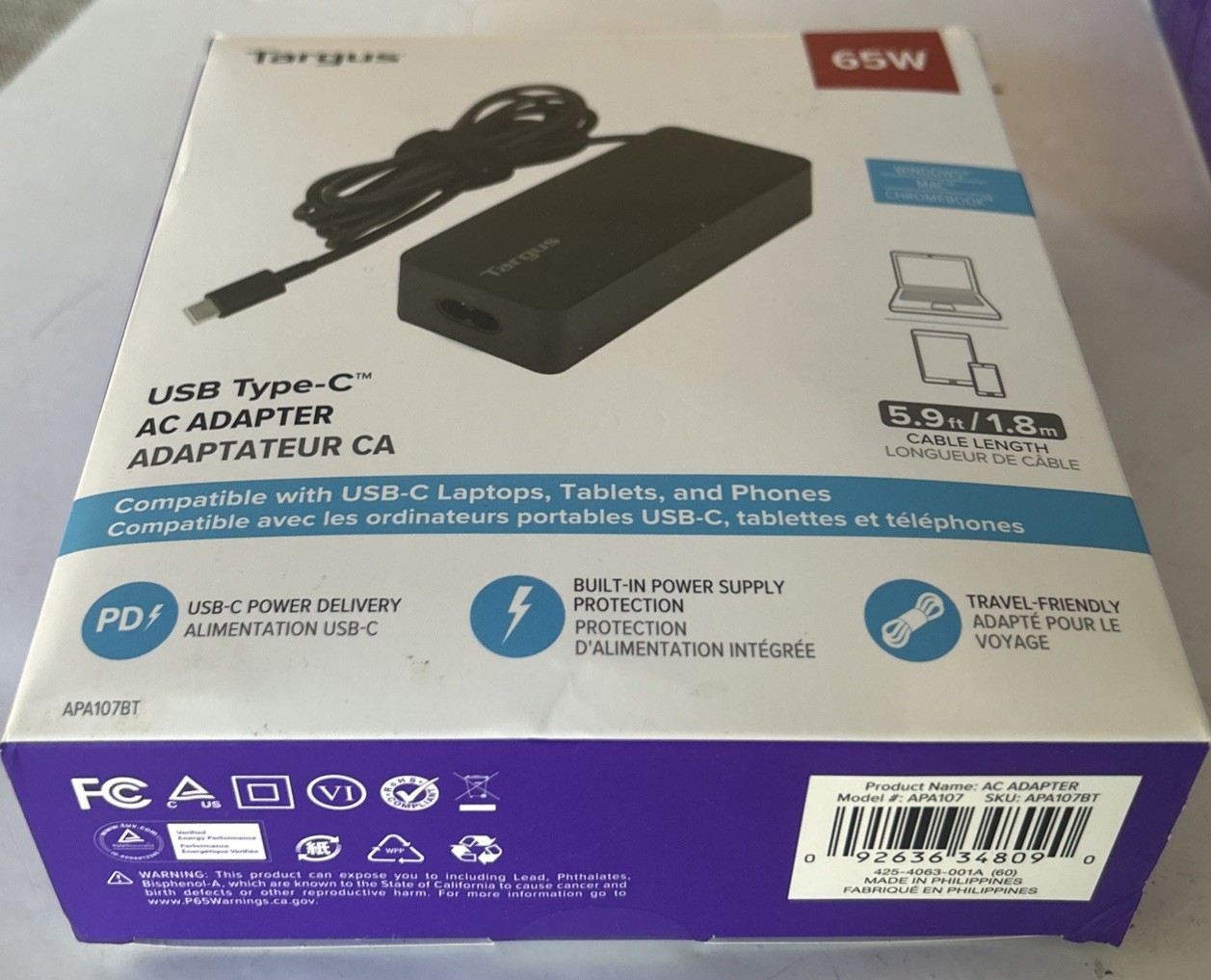 Targus 65W USB-C Adapter Laptop Tablet Phone Charger 5.9 ft. in Black New OB