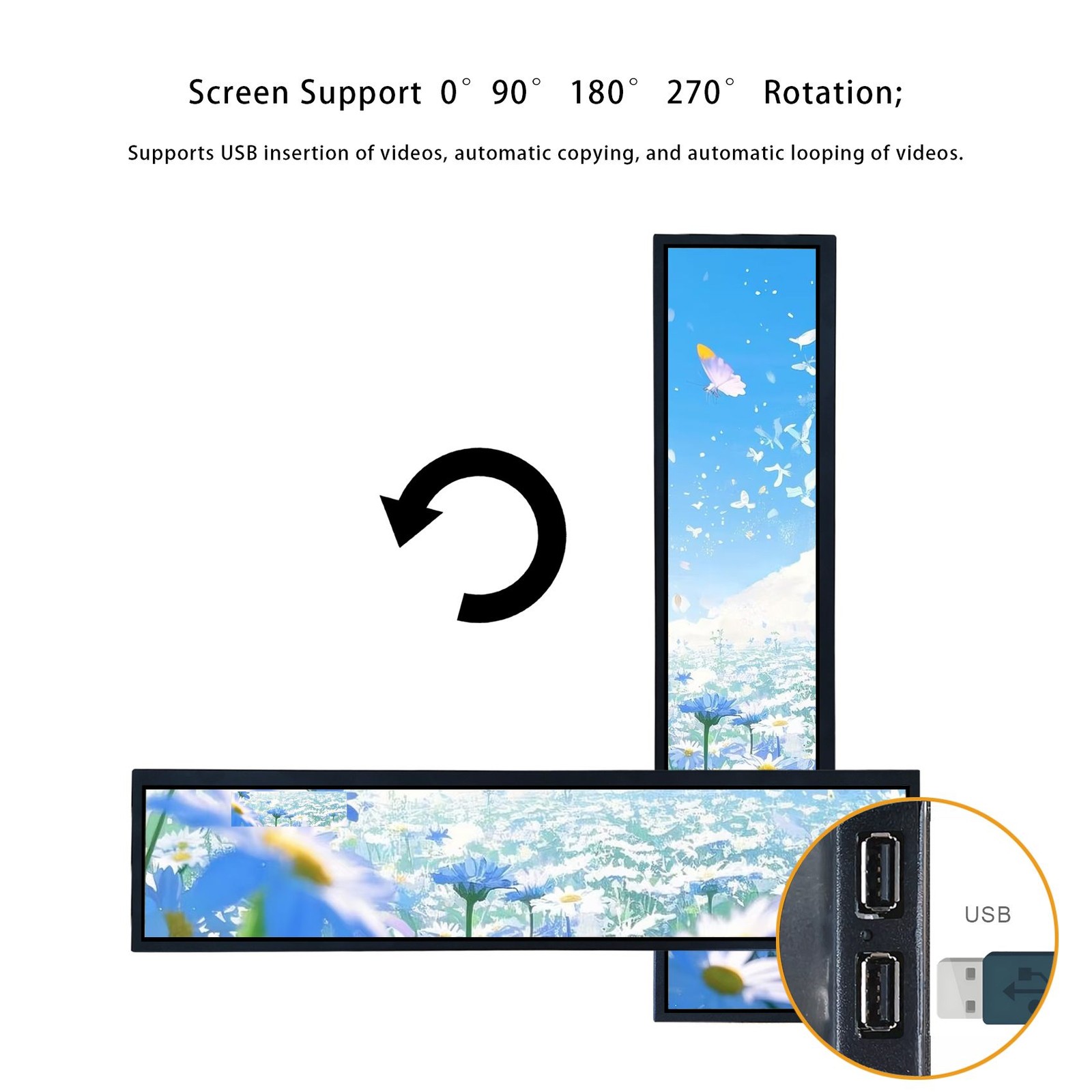 21.3inch 1920×360 LCD Monitor USB2.0 Auto Play Copy Video Rotate Image