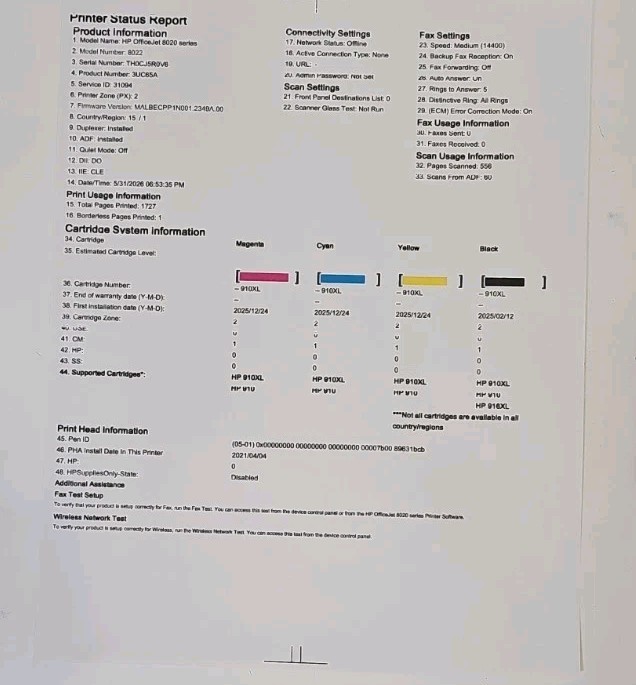 HP OfficeJet Pro 8022 All In One Color Printer. Nearly Full Inks, Low PC, Read!