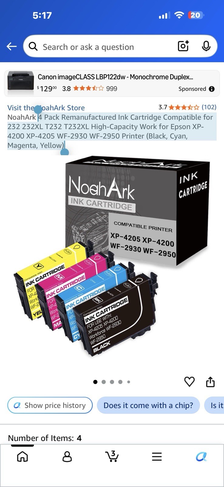 232 XL 232XL Ink Cartridges (BK/C/M/Y) for Epson WF-2950 WF-2930 XP-4200 XP-4205