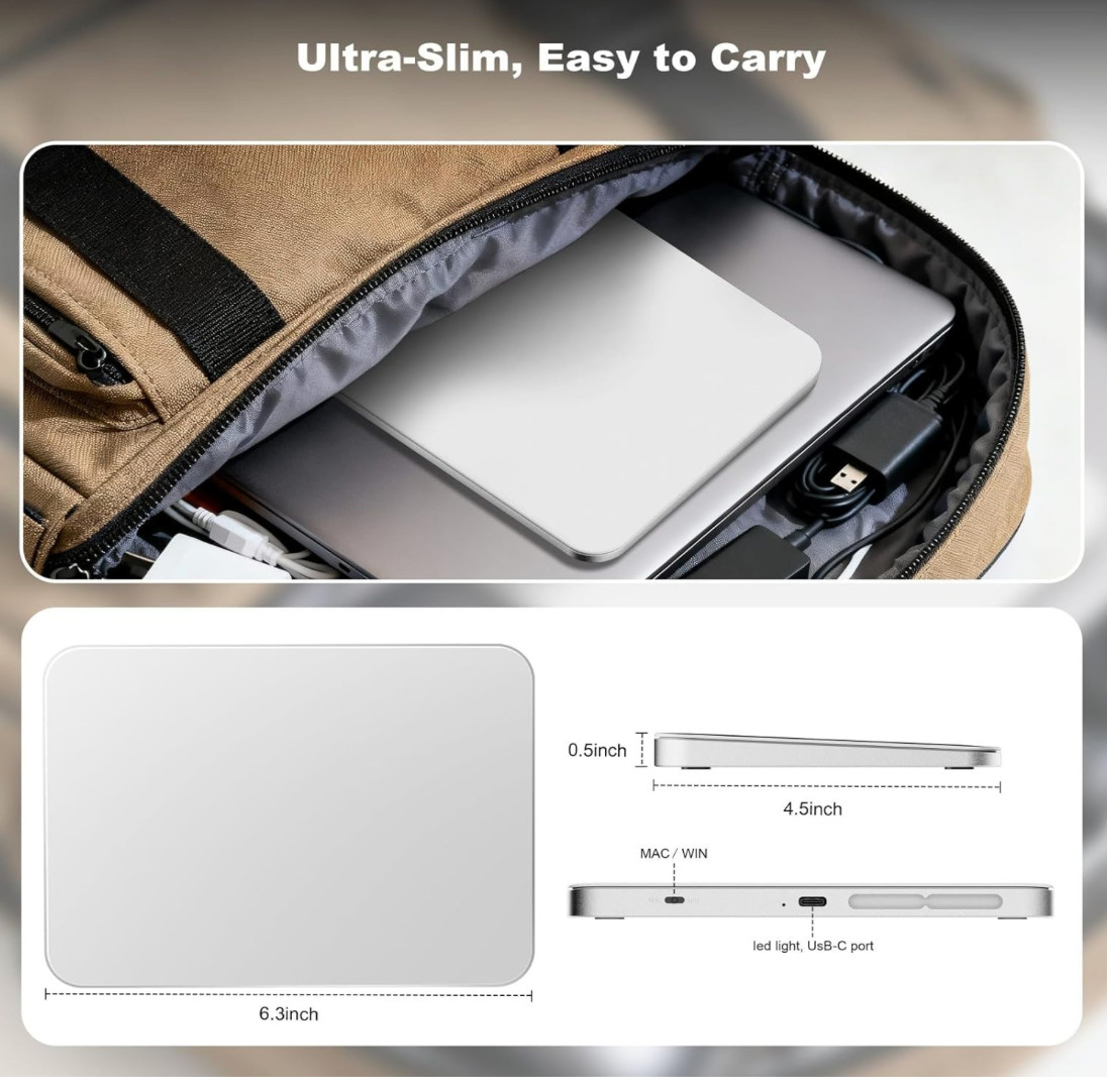 Wireless Trackpad for Mac & Windows with 2.4G USB, 7.5” Glass Surface Touchpad