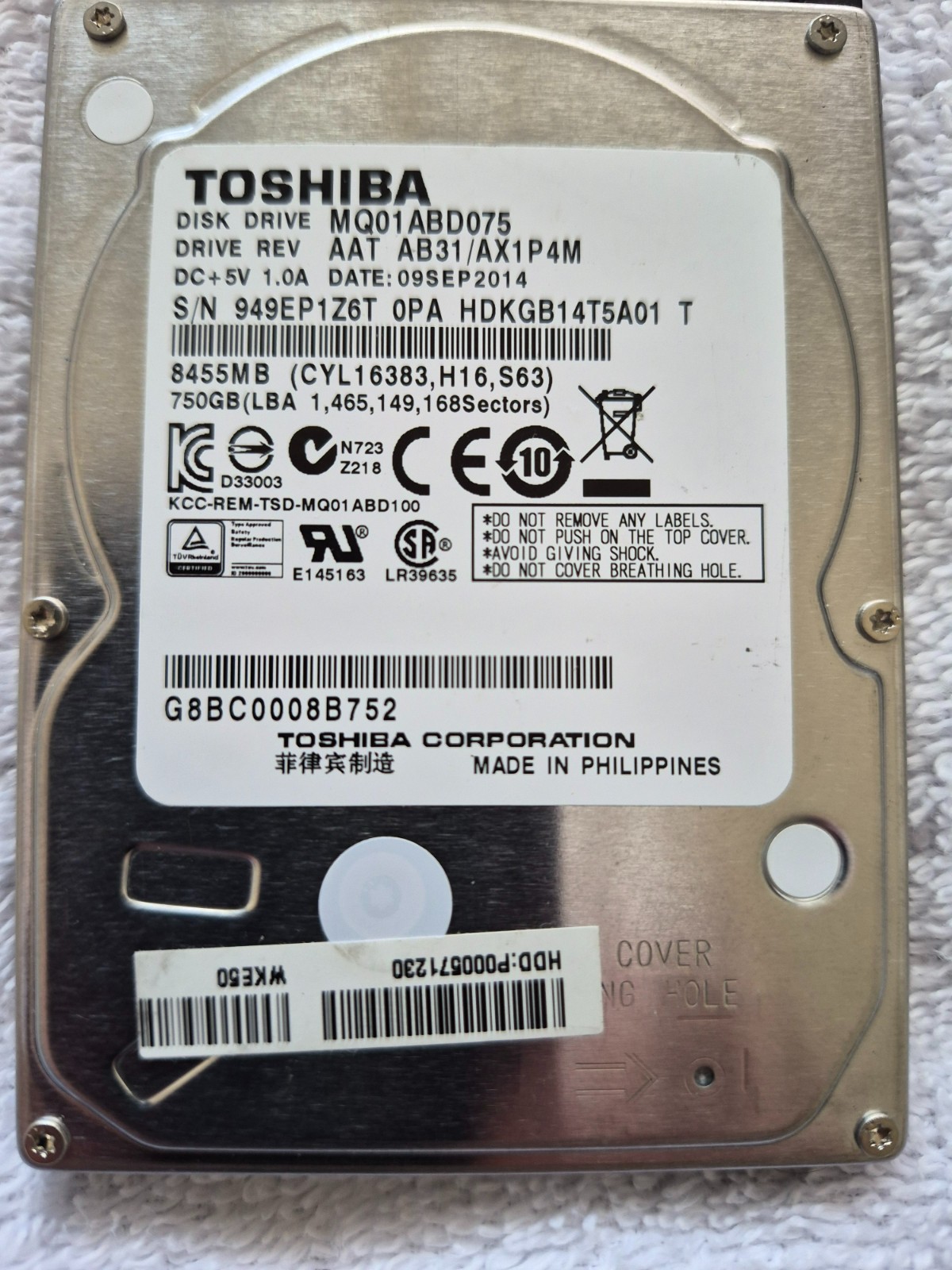 Toshiba 750GB 2.5″ SATA Laptop HDD 5400RPM MQ01ABD075 Tested 21052 Hrs Computer