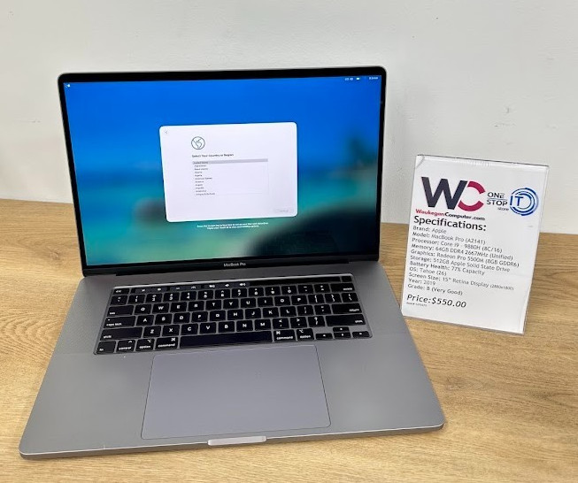 Apple MacBook Pro (A2141) Core i9 9880H, 64GB DDR4, Radeon Pro 5500M, 512GB SSD