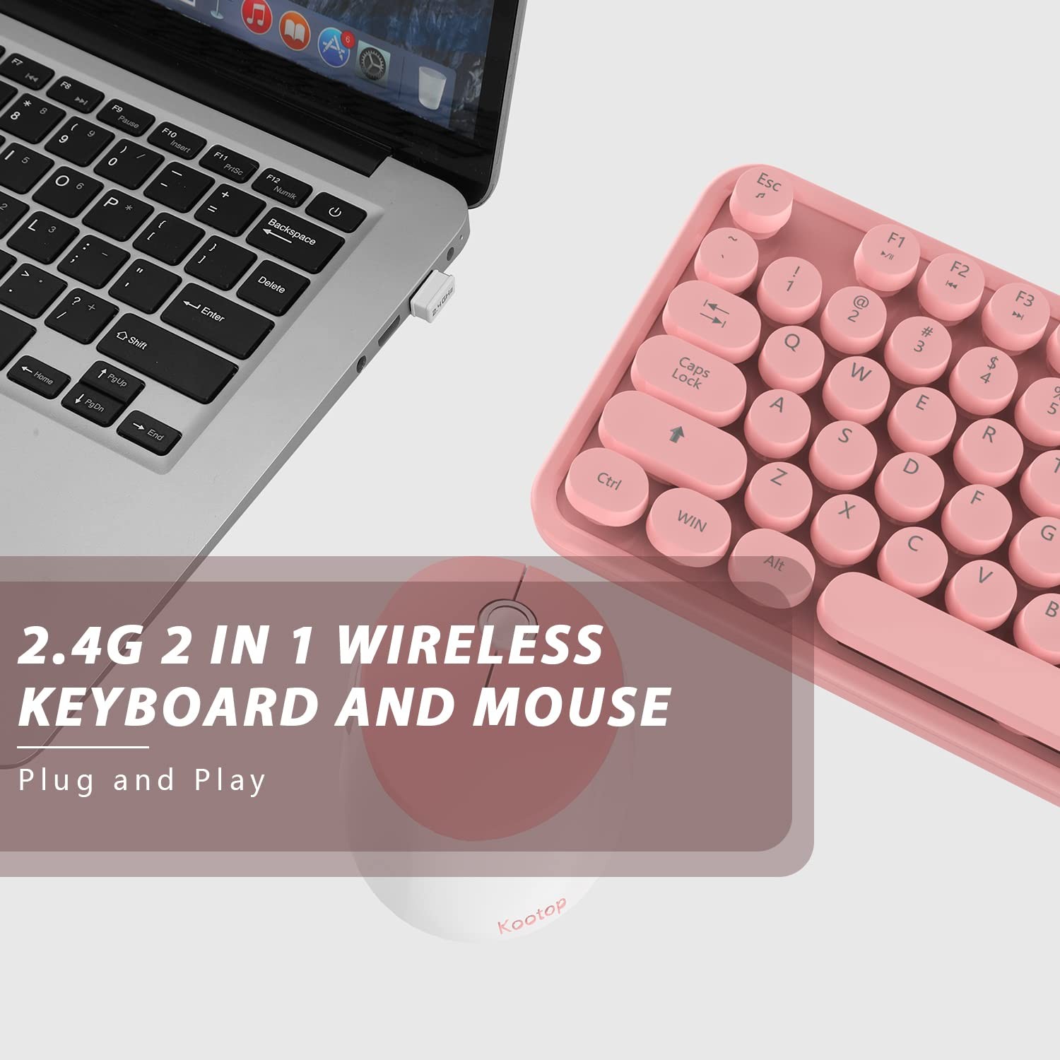 Pink White Wireless Keyboard and Mouse Combo Retro Round Keycaps 104 Key