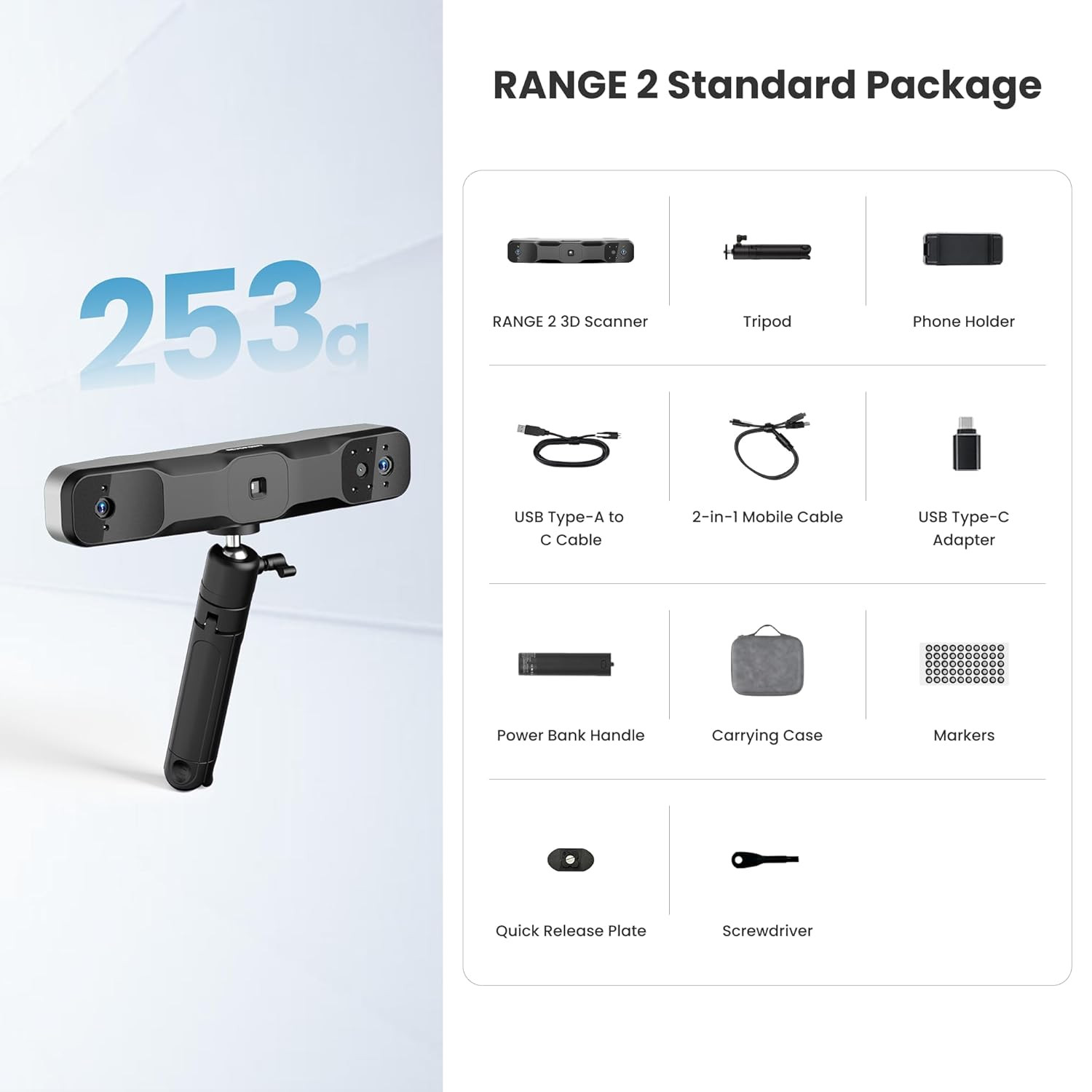 Range 2 3D Scanner for 3D Printing Handheld, Full Color Model Scan, Supports Bod