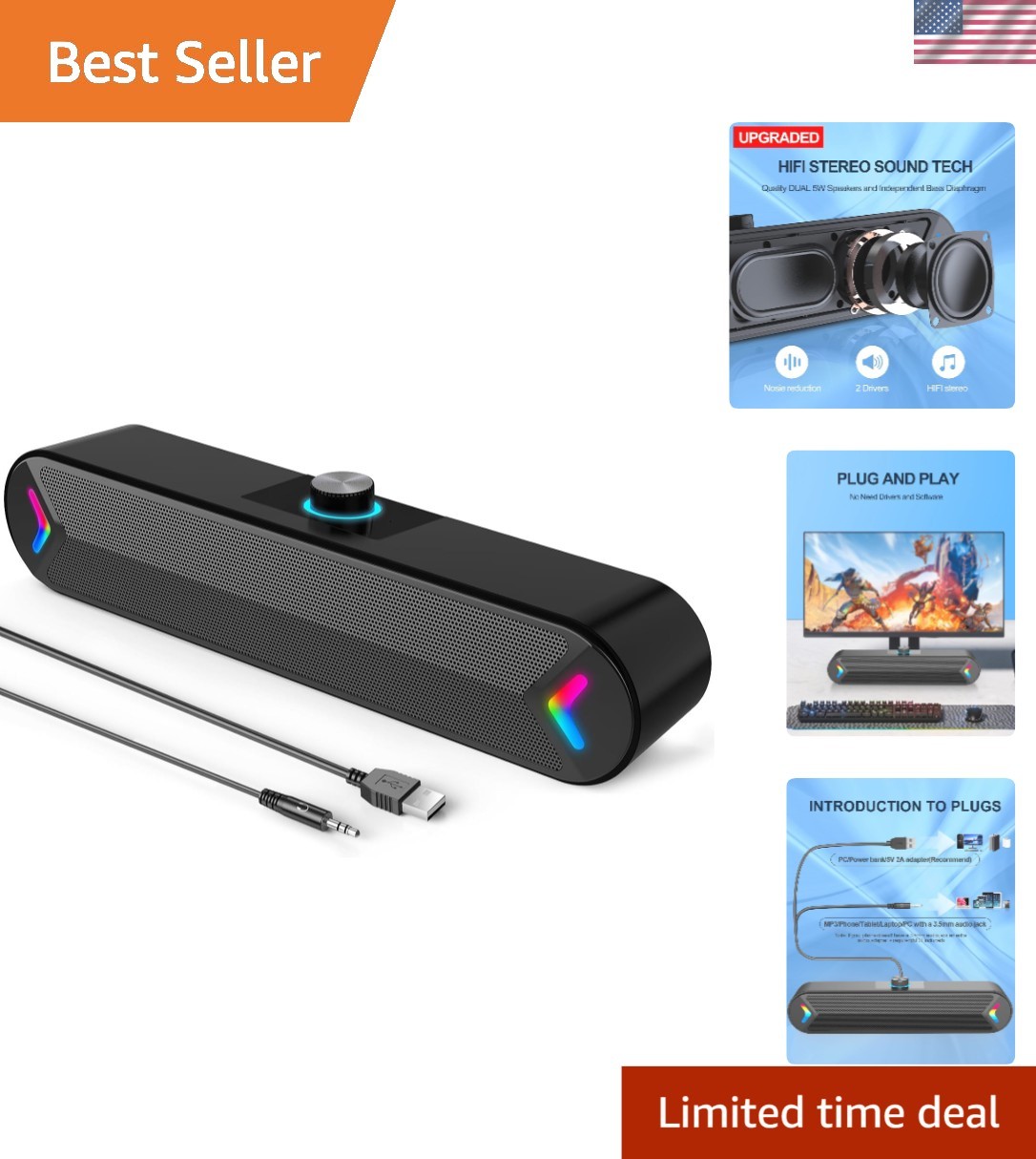 Plug-and-Play A39PRO PC Speakers: 10W Stereo Soundbar with Touch Volume Control