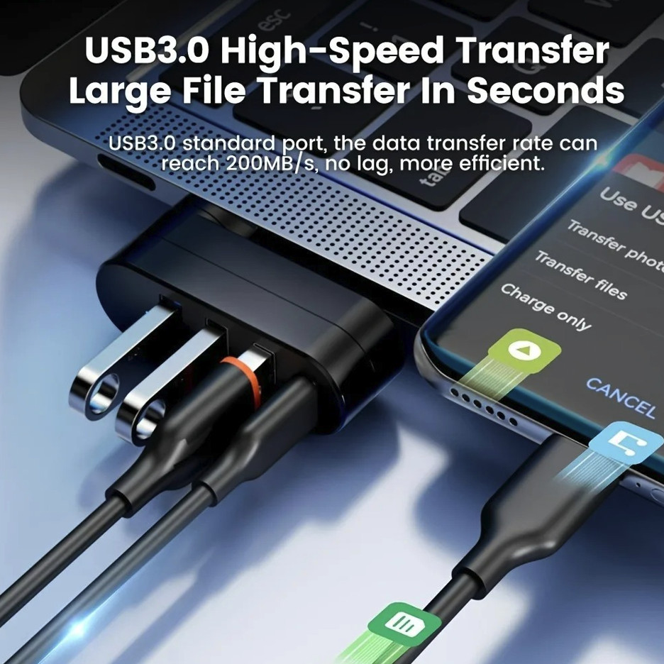 1 pcs USB 3.0/2.0 Hub 4-Port: Rotatable Type-C High Speed Data Splitter Adapter