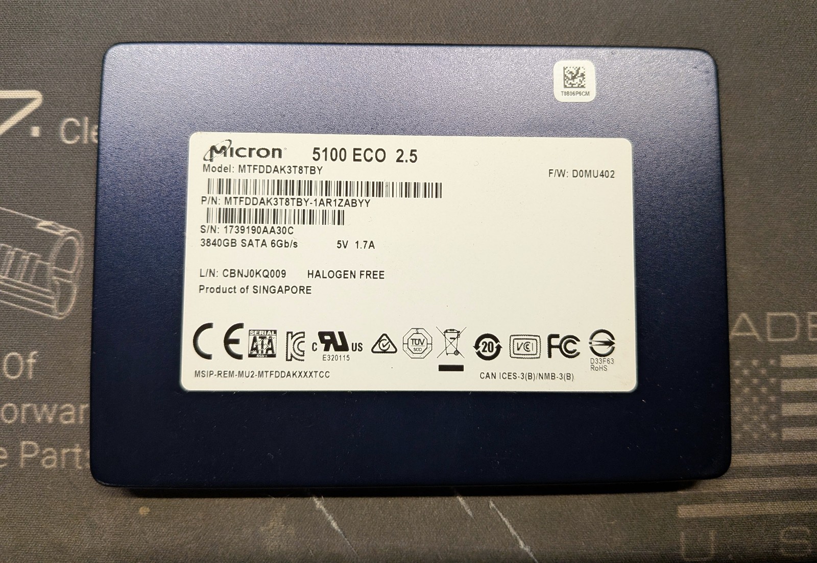 Micron 3.84tb SSD SATA / MTFDDAK3T8TBY / 5100 ECO 2.5″ 6Gbs / 100% / LOW HOURS