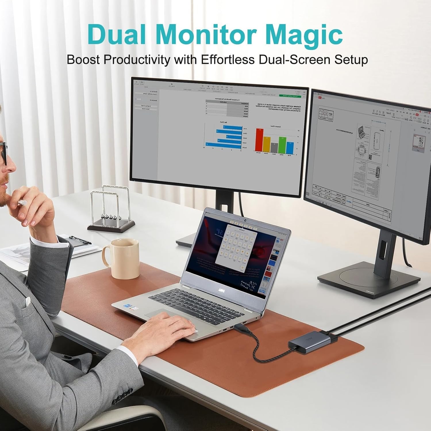 USB C to Dual HDMI Adapter 1080P 60Hz Multi-Monitor Splitter for Laptop/PC/Mac
