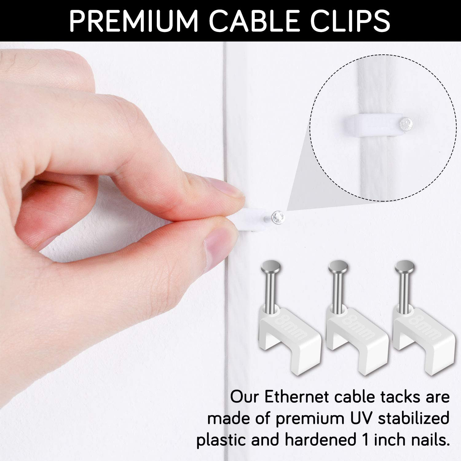 Cable Clips – Cablegeeker 100 Pieces Ethernet Cable Clips with Nails 8Mm Cord Ho