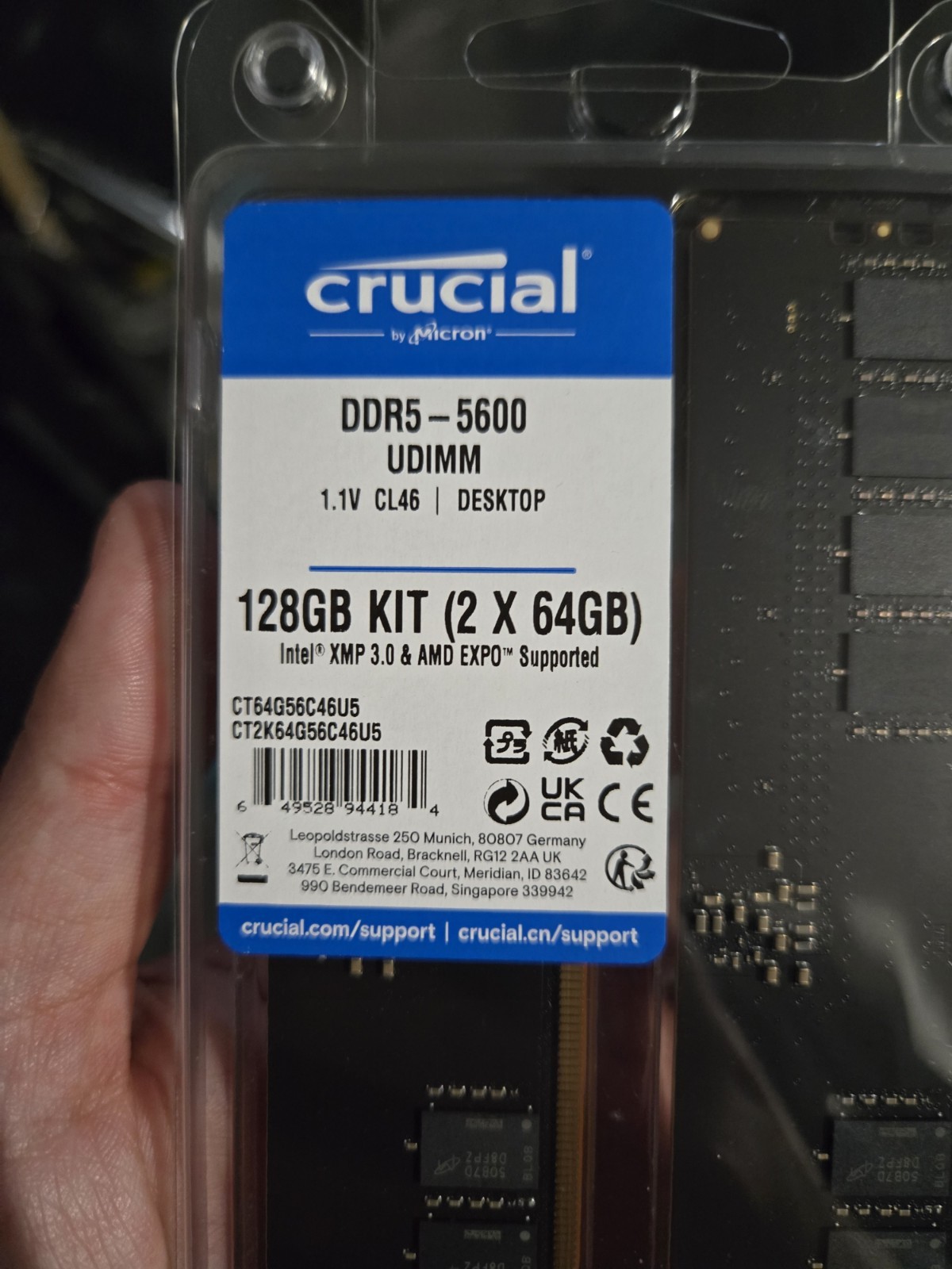Crucial 128GB (2x64GB) DDR5 5600MHz UDIMM Desktop Memory CT2K64G56C46U5 New