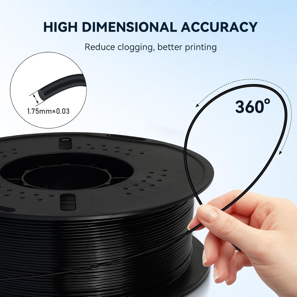 PETG 3D Printer Filament, High Strength, Low Warping, Odorless, 250g Black