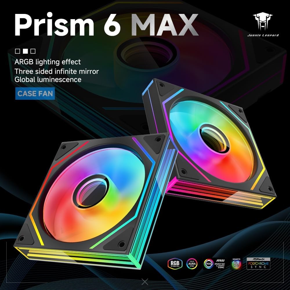 Prism6 MAX 120mm ARGB PC Case Fans – 3-Pack with Infinite Mirror RGB Lighting…