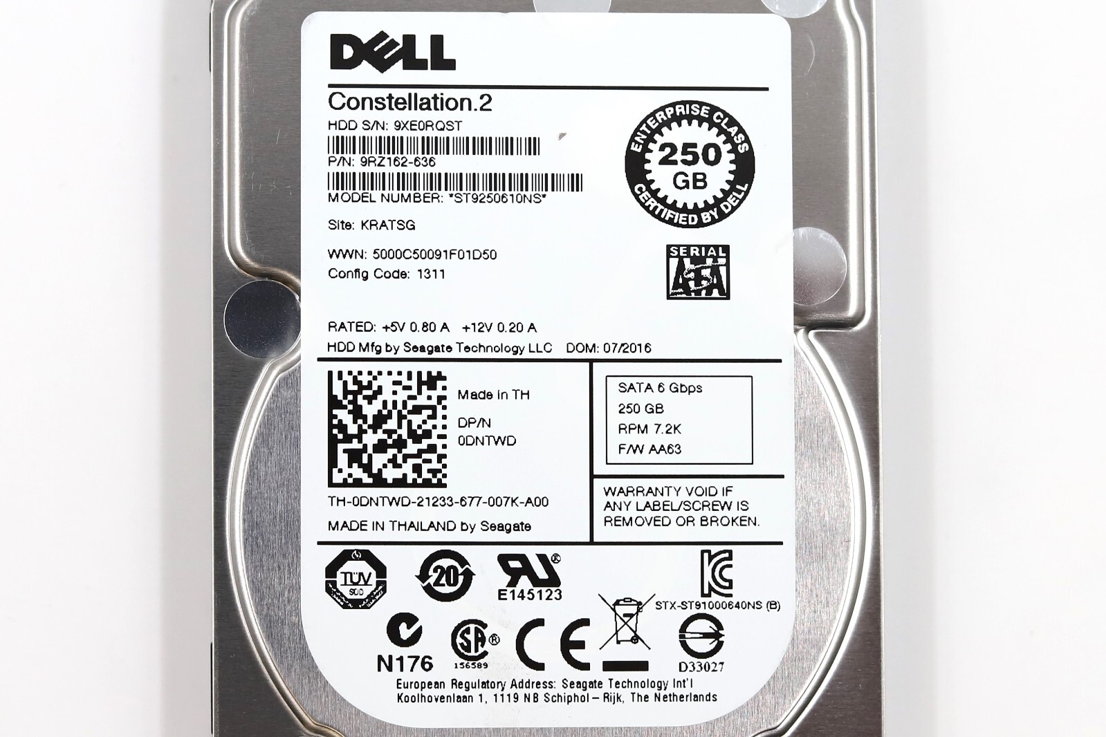 Dell ST9250610NS 250GB 2.5″ 6Gb/s 7.2K RPM SATA Hard Drive Dell P/N: 0DNTWD