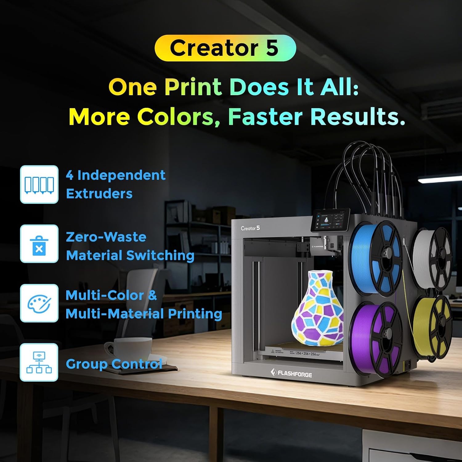 FLASHFORGE Creator 5 3D Printer Multi Color 4 Toolhead 7s FlashSwap Zero Waste
