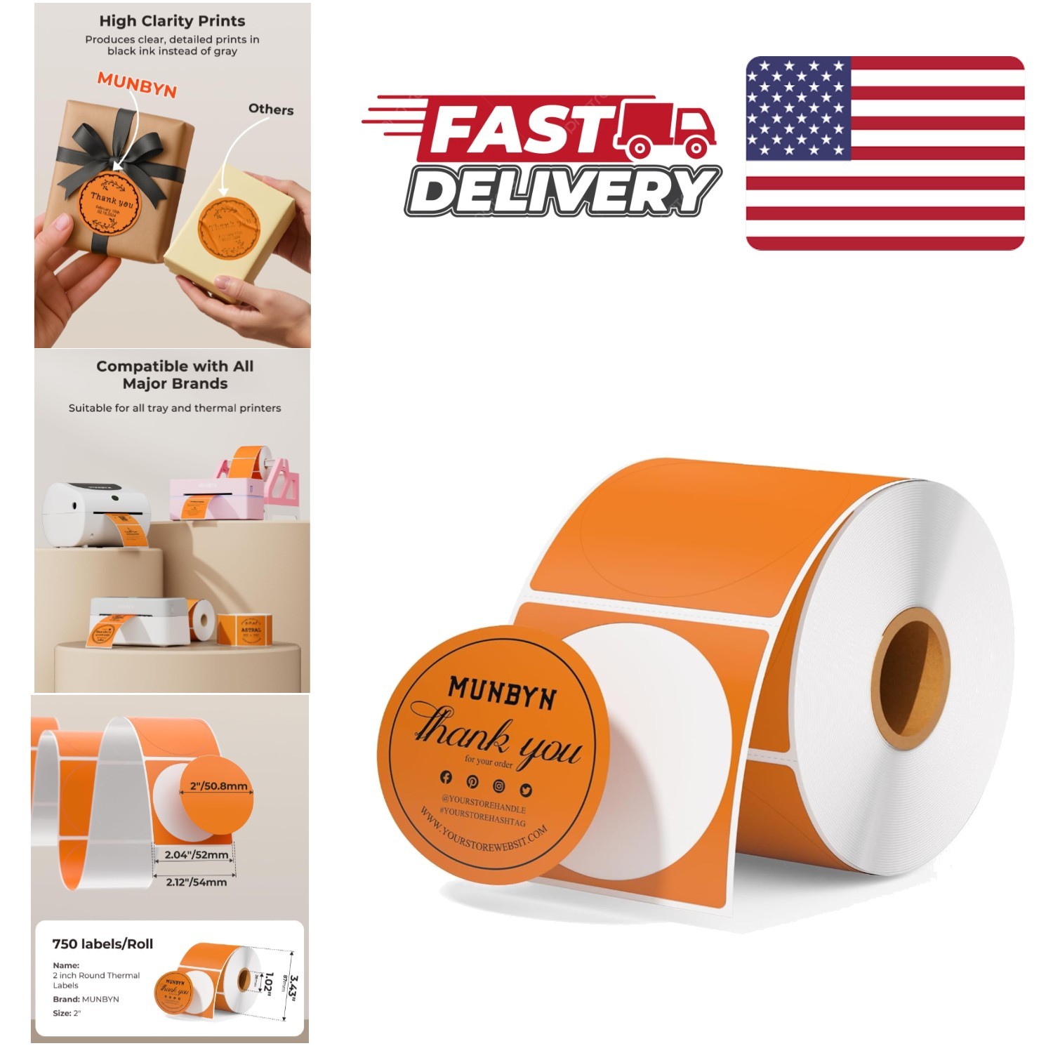 2 Inch Orange Circle Thermal Labels 750 Count Self Adhesive Round Stickers