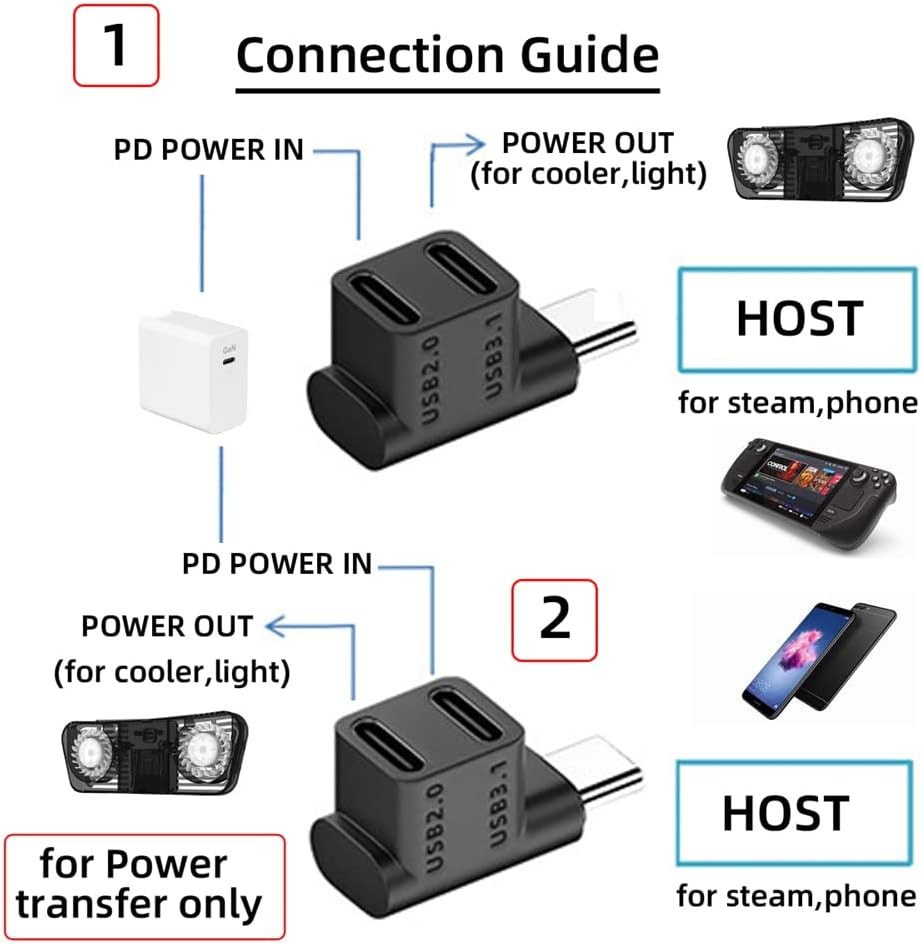 10Gbps USB3.0 Type C Male to Dual Female Power Data Splitter Adapter up Angled C
