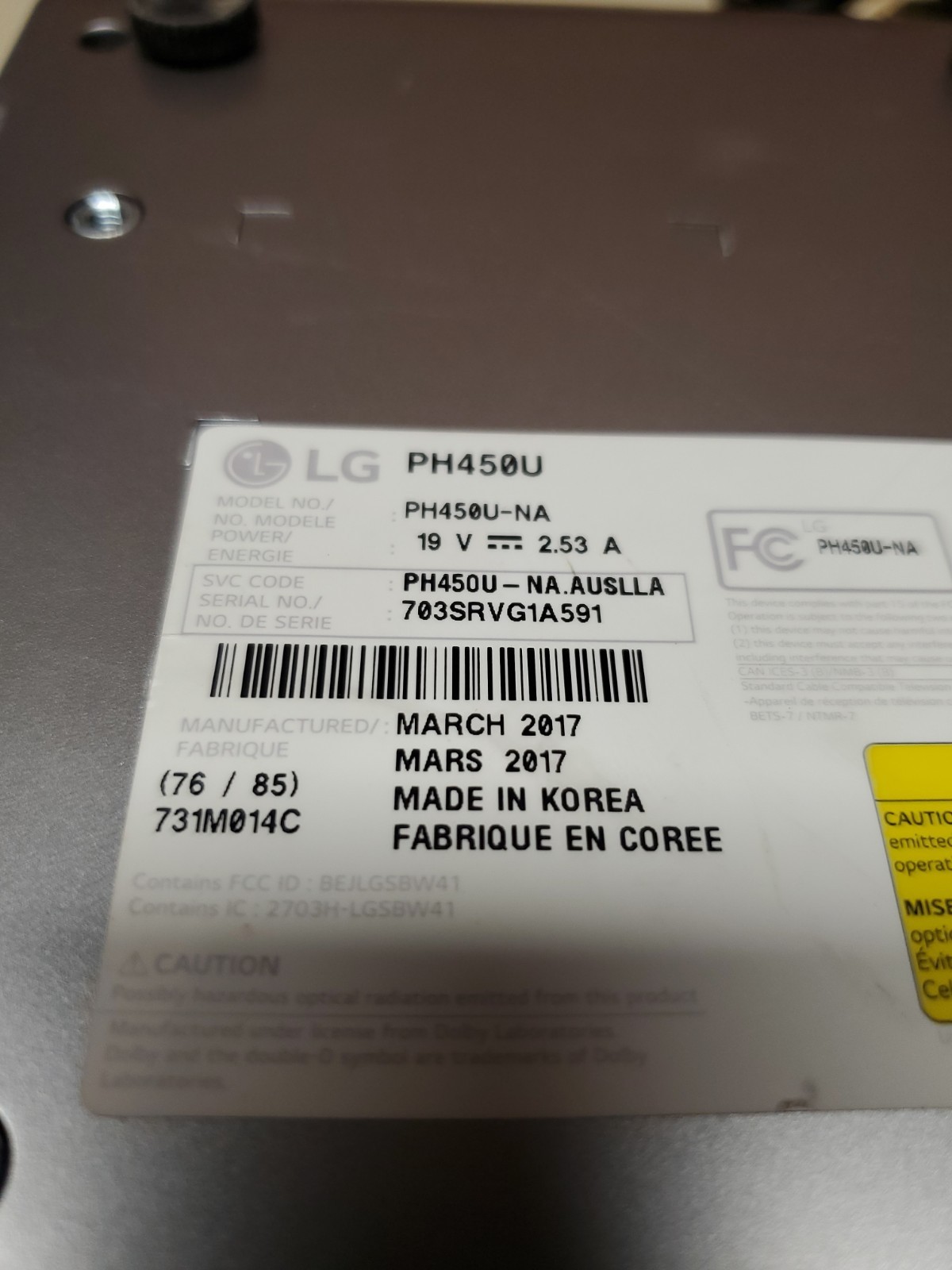 LG PH450U-NA LED Ultra Short Throw Projector OEM Power HDMI TESTED