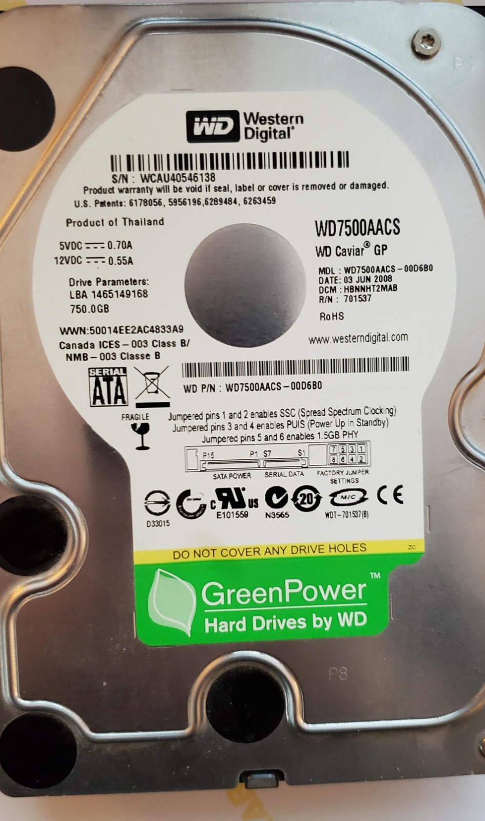 Western Digital Caviar Green 750GB WD7500AACS SATA 16 MB Cache HDD 7200 rpm