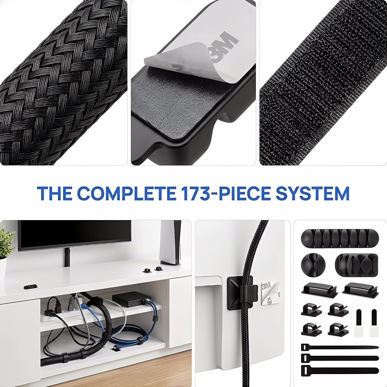 173 pcs. Cable Management Kit Wire/Cord Organizer Zip Ties Holder Clips Adhesive