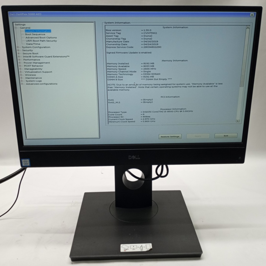 Dell OptiPlex 5260 AIO i5-8500@3.00GHz 8GB RAM 250GB SSD Win11Pro +MC759