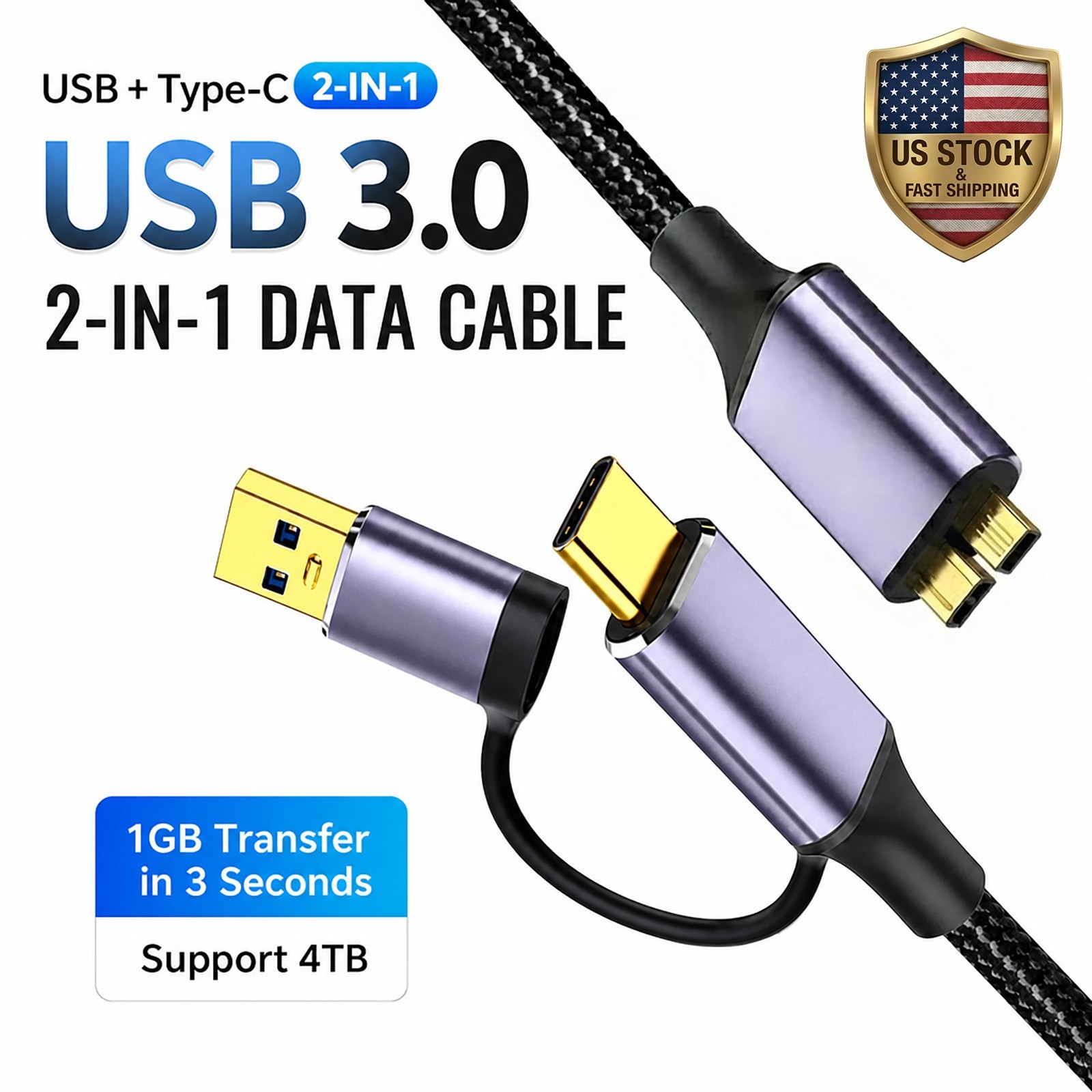 2-in-1 USB 3.0 to Micro B Cable for HDD SSD, USB C & A, Fast & Stable