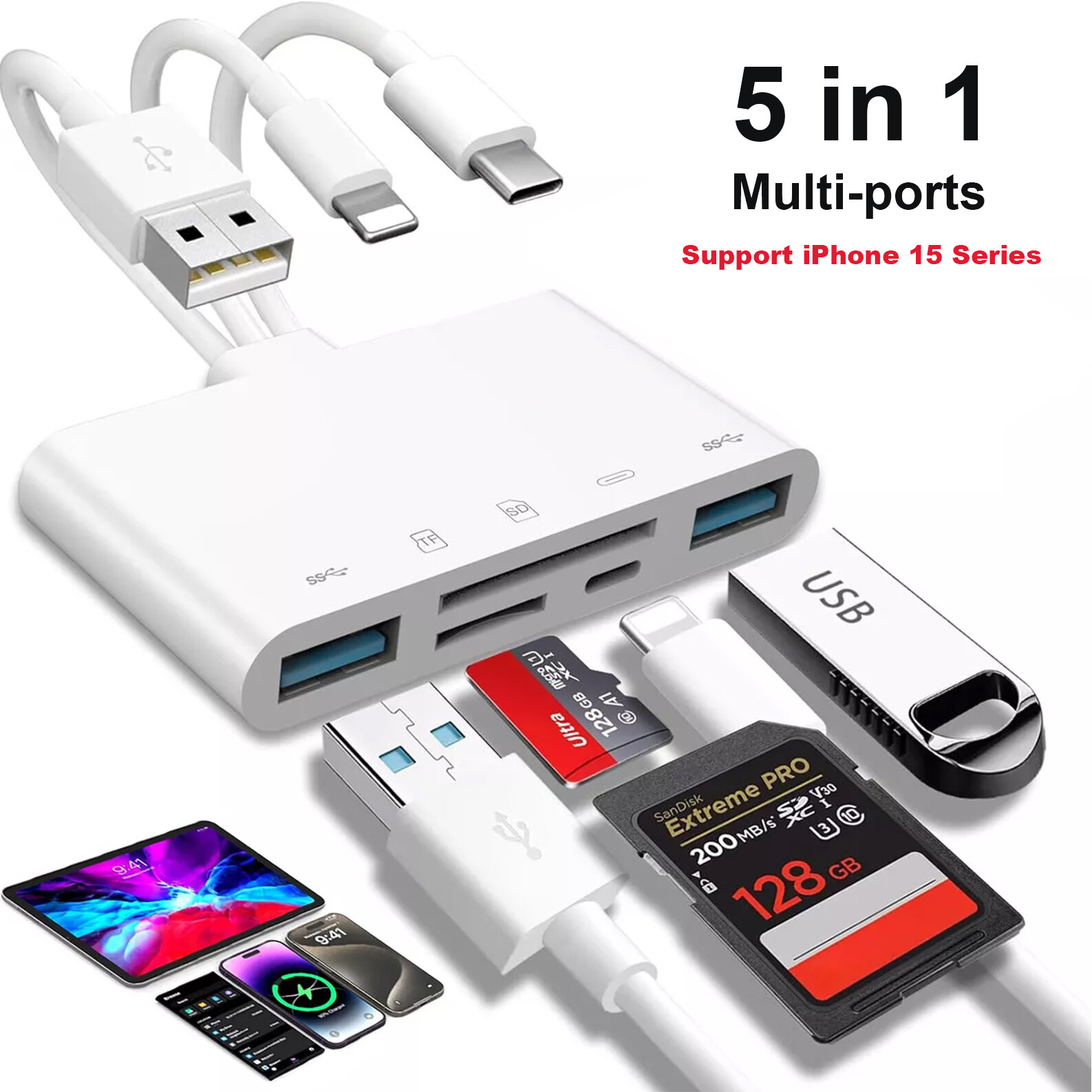 5 in 1 Memory Card Reader USB 3.0 OTG Adapter SD Card Reader For iPhone/iPad