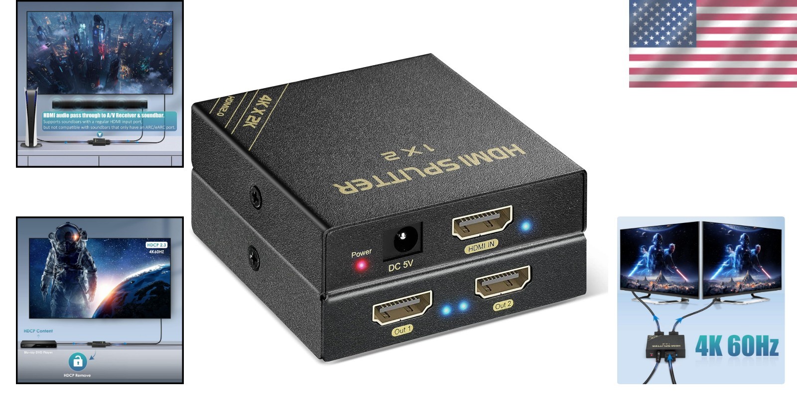 HDMI Splitter 1 in 2 Out 60Hz – HDCP Bypass 2.3, HDR, Dolby/DTS 5.1/7.1 – Com…
