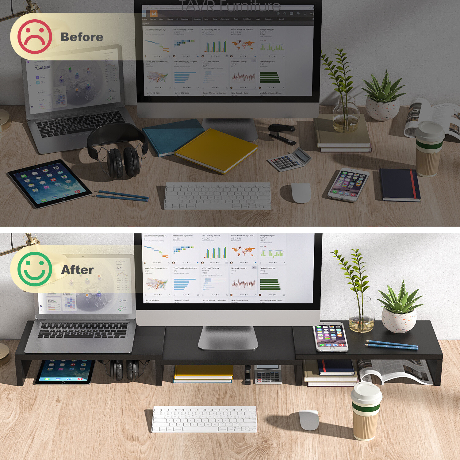 Black Wood Dual Monitor Stand Risers with Length and Angle Adjustable 3 Shelf