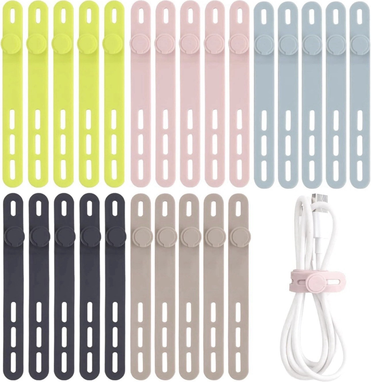 25 Pack Silicone Reusable Adjustable Cable Ties, Multicolor, 4.7 in x 0.5 in
