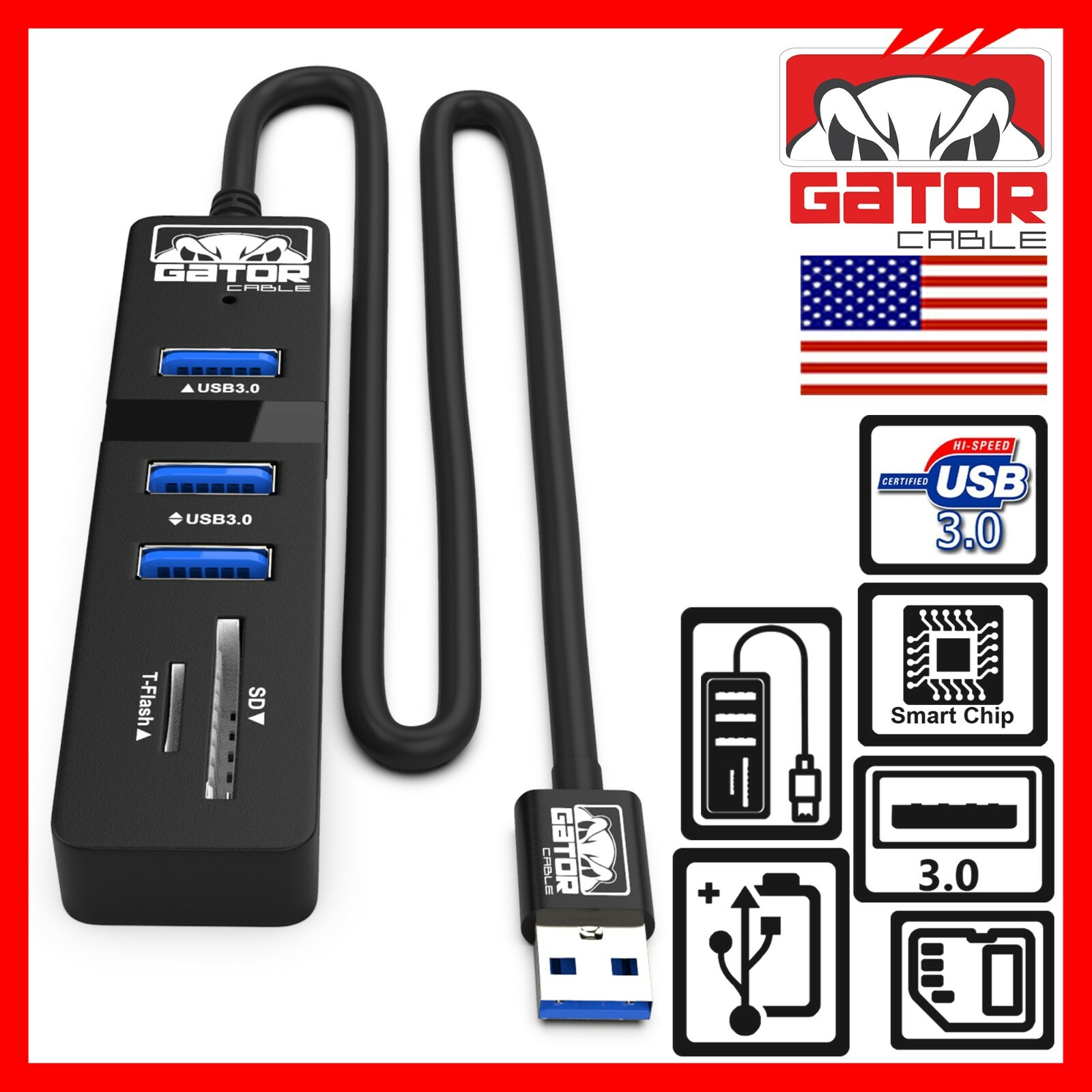 USB 3.0 HUB 3-Port Charger Data Sync SD TF Card Reader for PC Mac Laptop Desktop