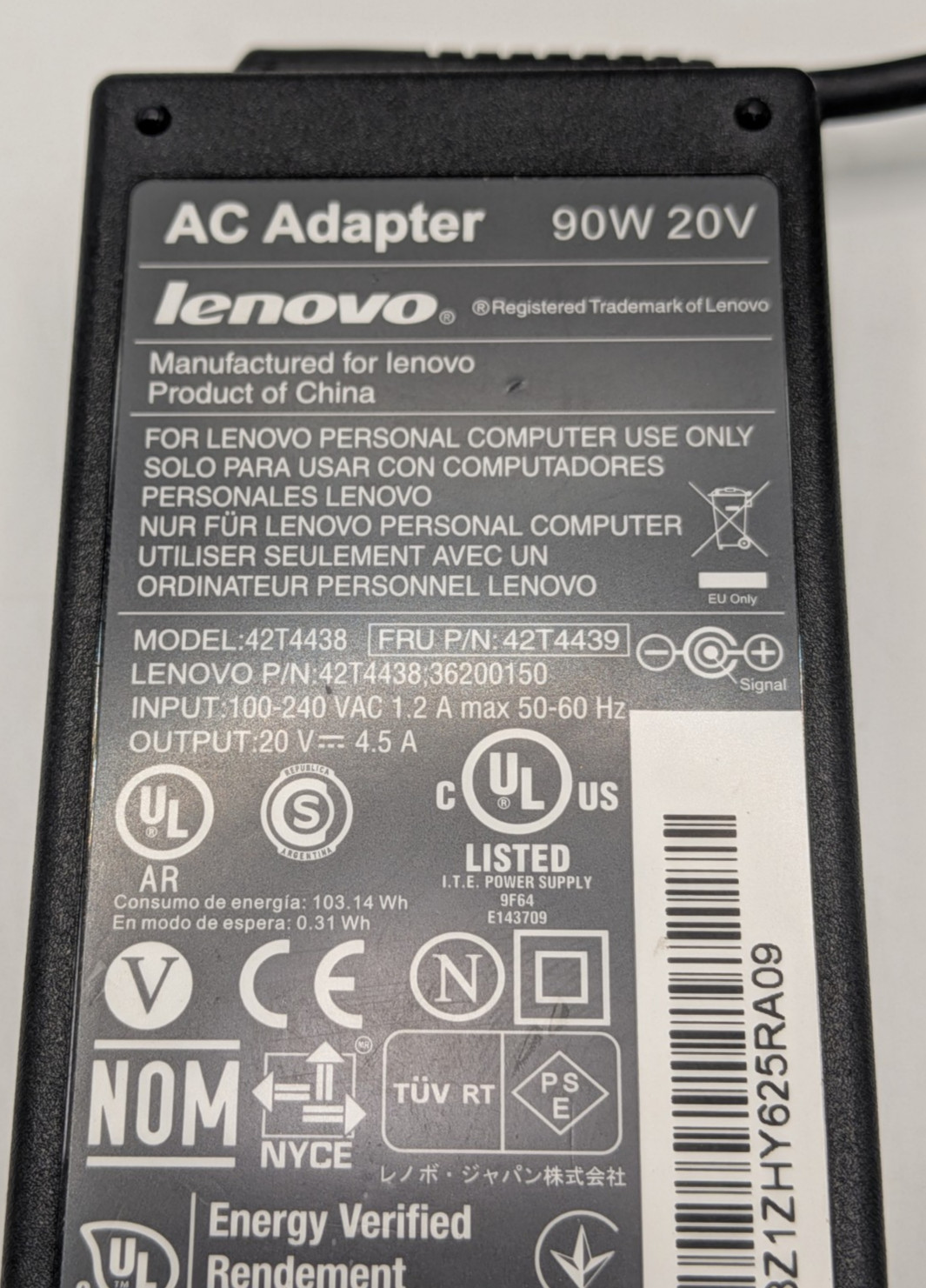 OEM Lenovo 90 W Laptop Notebook AC Adapter 20V 4.5A 8MM Yellow Round Tip 42T4438
