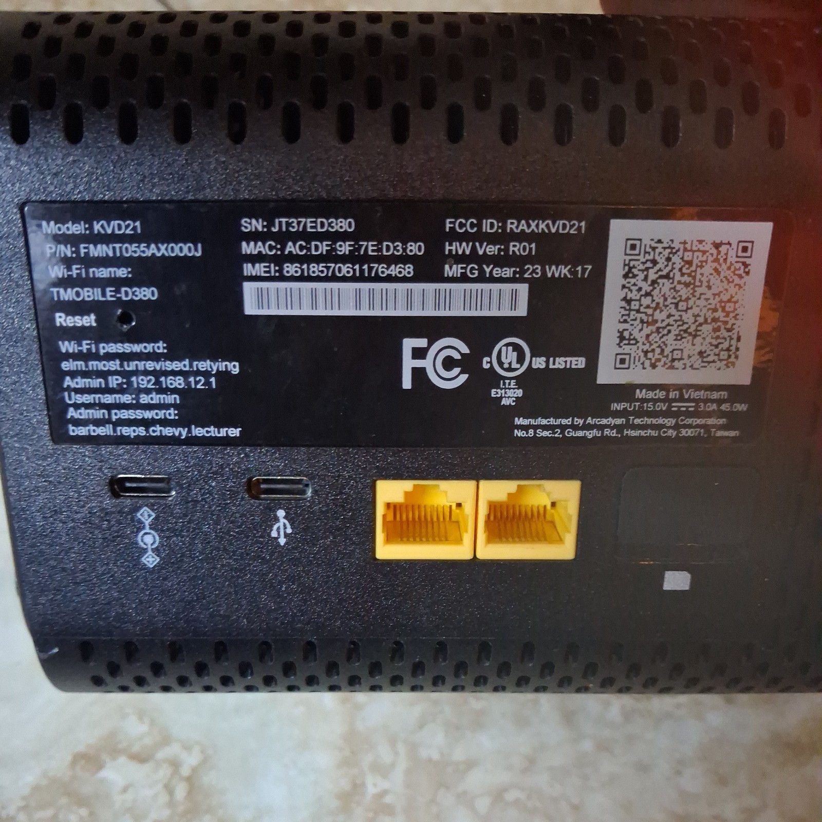 T-Mobile Arcadyan KVD21 5G Wi-Fi 6 Internet Wi-Fi Gateway – No Cables – TESTED