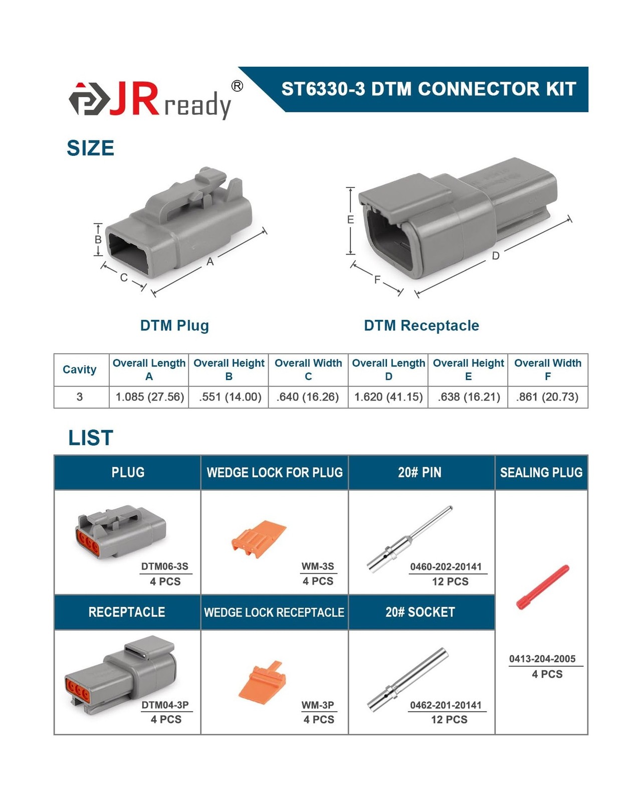 JRready Deutsch DTM 3 Pin Connectors 4 Kits, Waterproof Electrical Wire Conne…