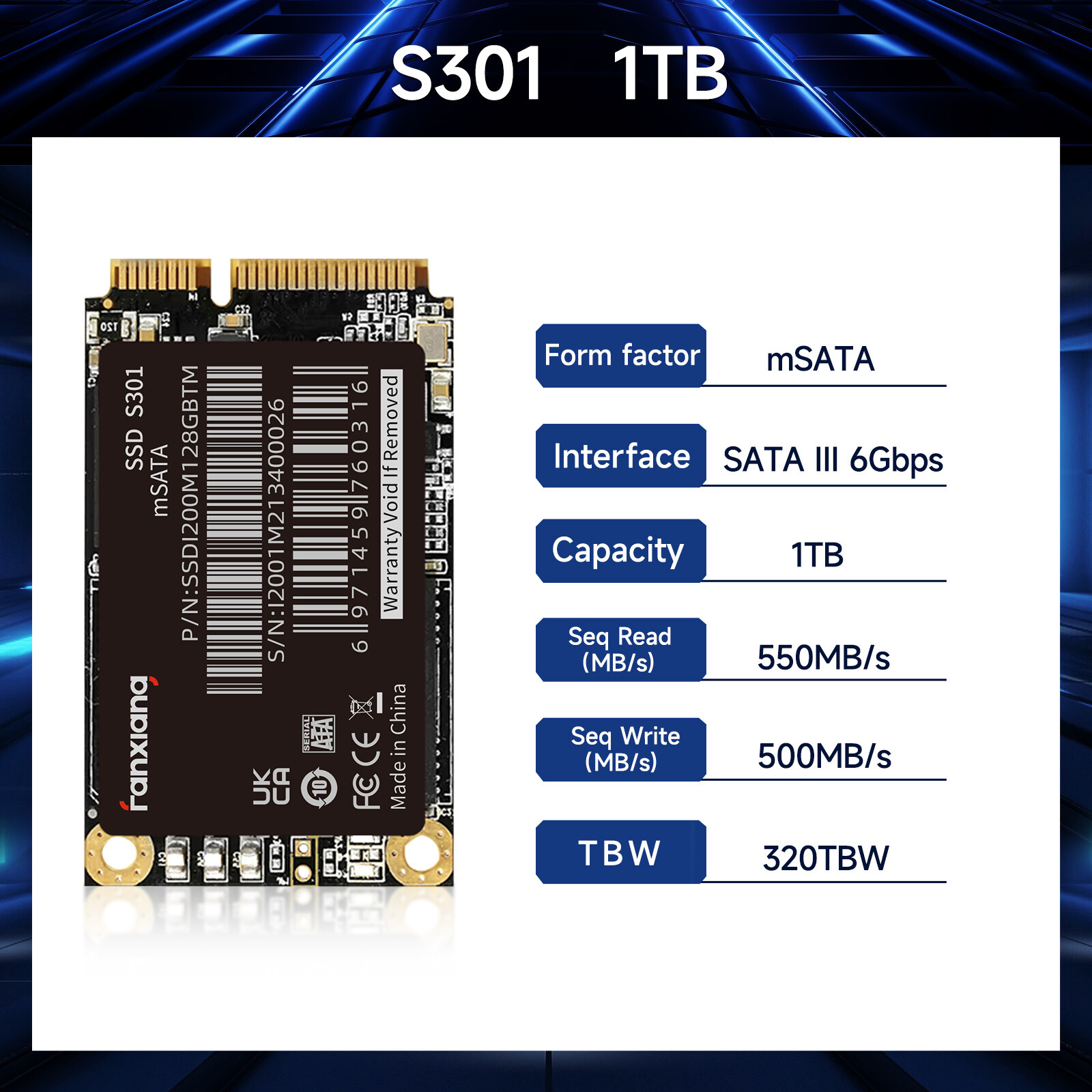 Fanxiang 1TB SSD mSATA Internal Solid State Drive 6Gb/s For PC/ Laptop 500MB/S