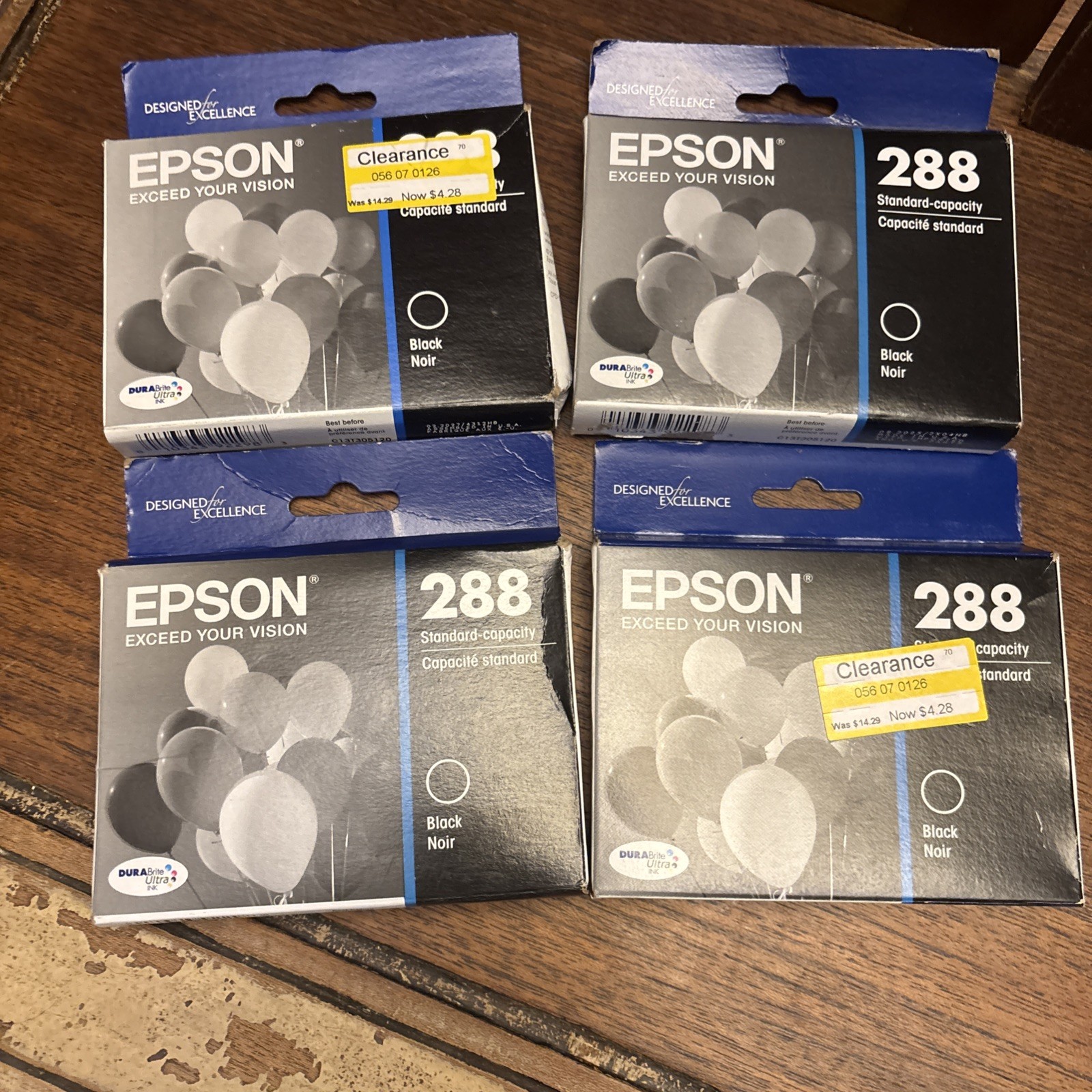 4 Epson 288 Black Ink Sealed Best By: 6/24, 8/25, 8/25, 2/27