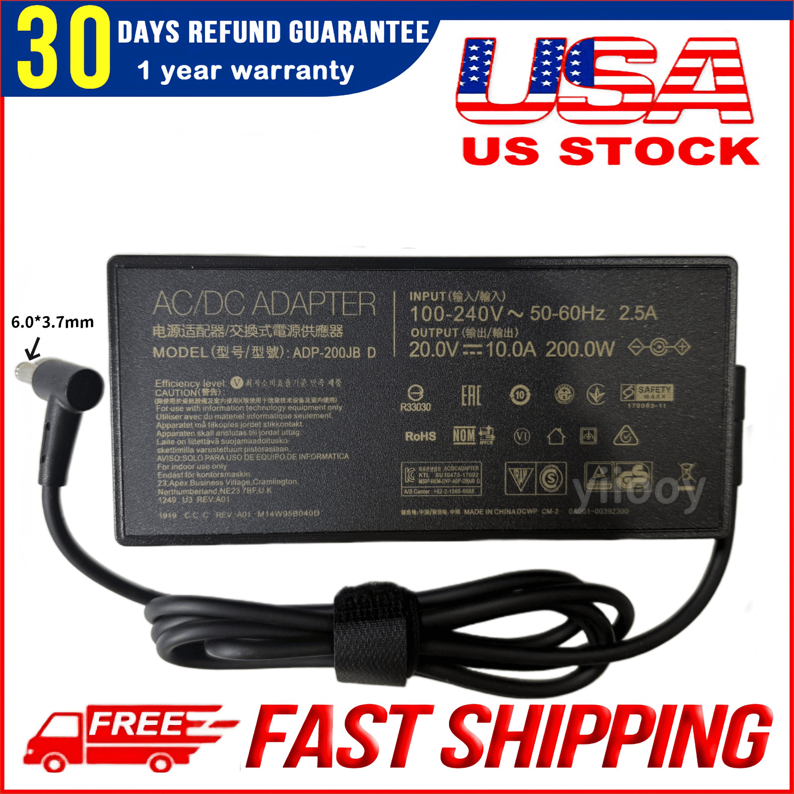 New OEM Genuine ADP-200JB D 200W AC Adapter Charger for ASUS TUF Gaming F15 F17
