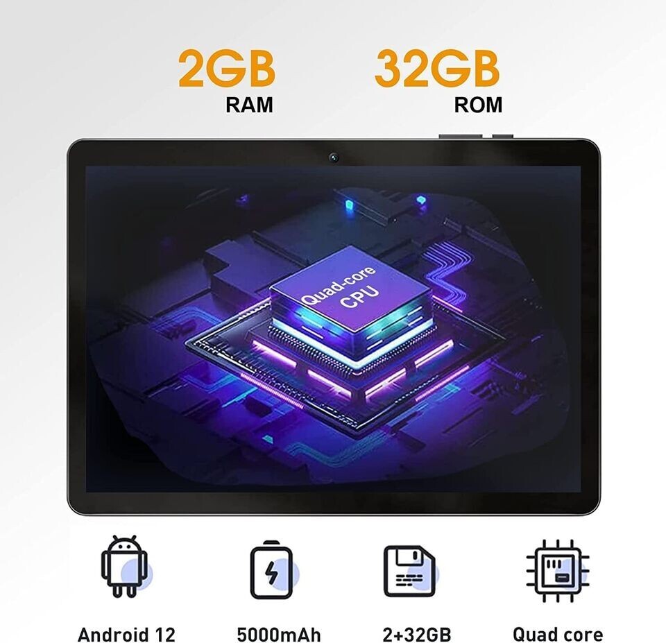 SGIN Android 12 Tablet 2GB RAM 32GB ROM 10.1 Inch 1.6Ghz 2MP+5MP Camera WiFi